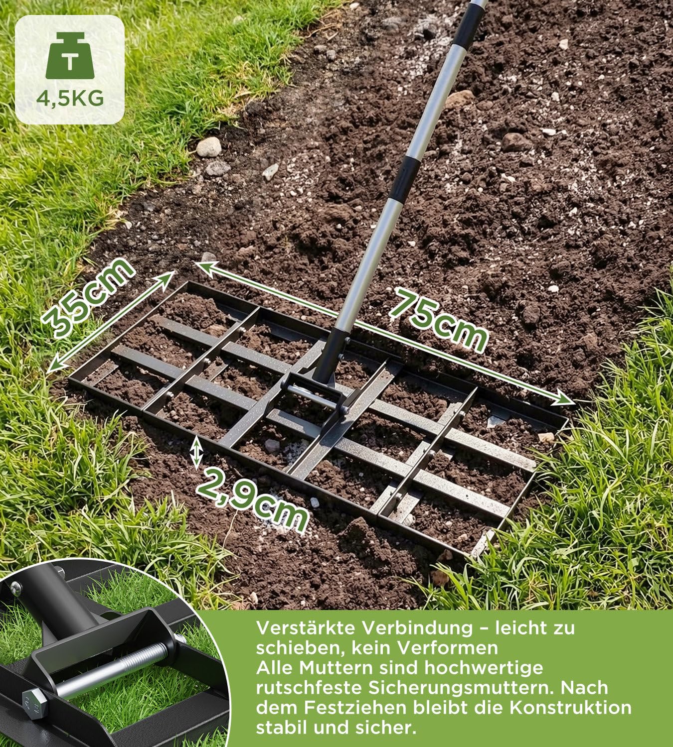 Rasenrakel 75x35cm mit Verstellbarer Länge, Rasen Rakel mit 1,8m Edelstahlstiel, Robuster & Kraftsparender Boden Rasenrechen, Perfekte Düngerverteilung für Garten Hof Golfplatz, zum Einebnen von Erde