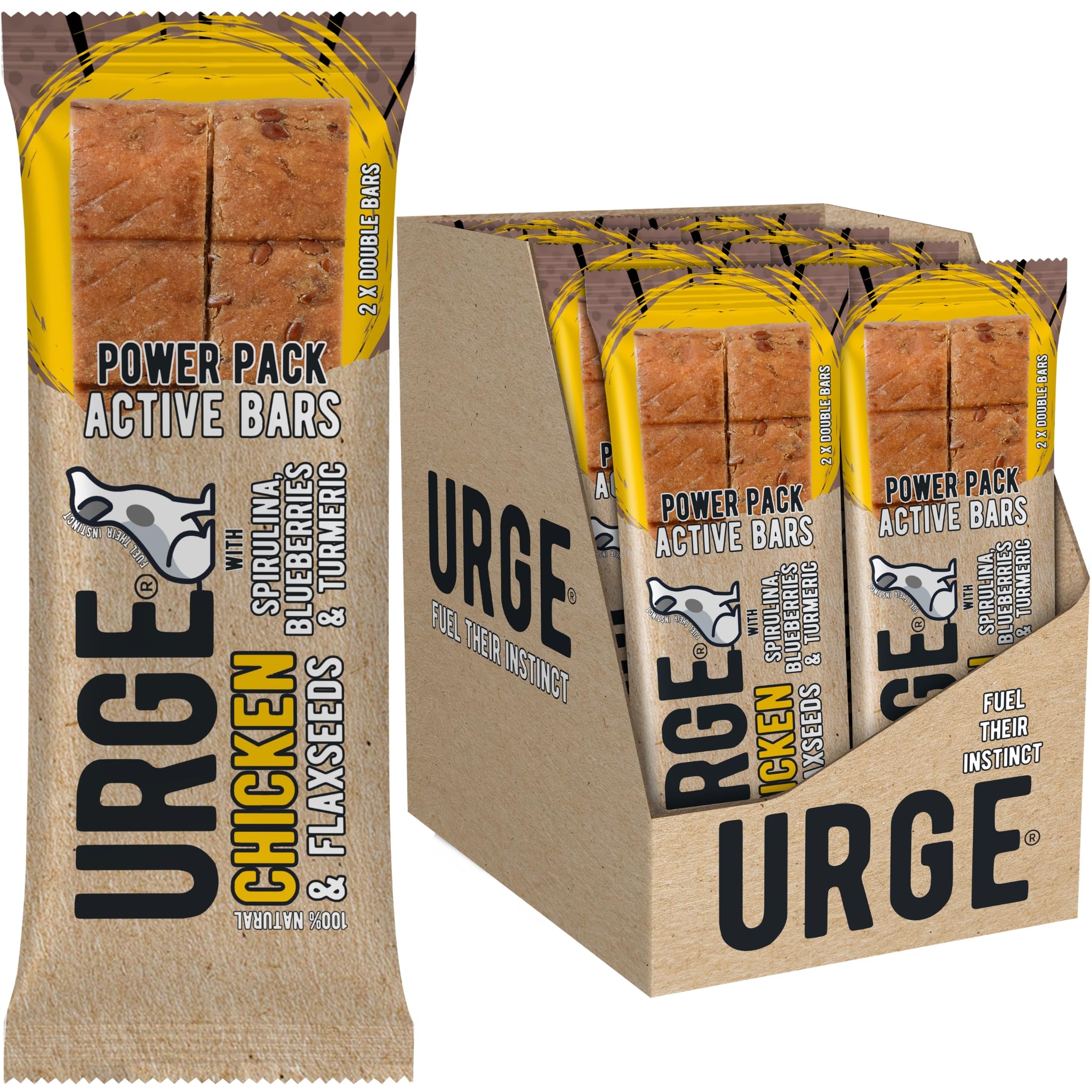 URGE Power Pack Active Bars Daily Dog Treats - 8 x 100g Packs - 100% Natural Chicken, Flaxseeds, Spirulina, Blueberries & Turmeric - 100% Grain Free - Supports Healthy Energy