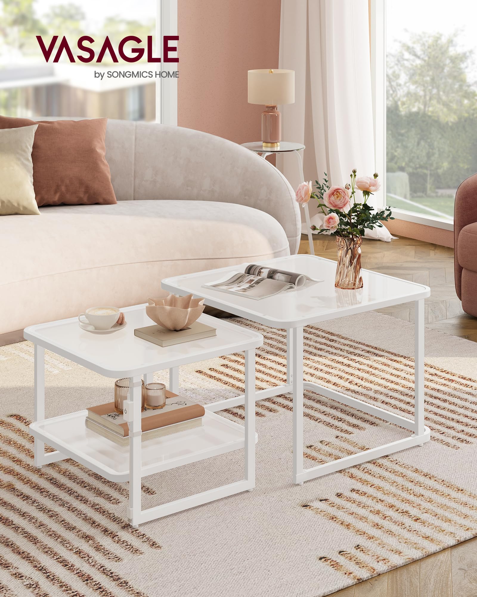 VASAGLE Mesas de Centro, Juego de 2 Mesas de Café con Luces LED, Mesas Auxiliares Cuadradas Modernas Encajables, Cristal Templado, para Salón, Dormitorio, Blanco Nube y Blanco Perla LCT246W01