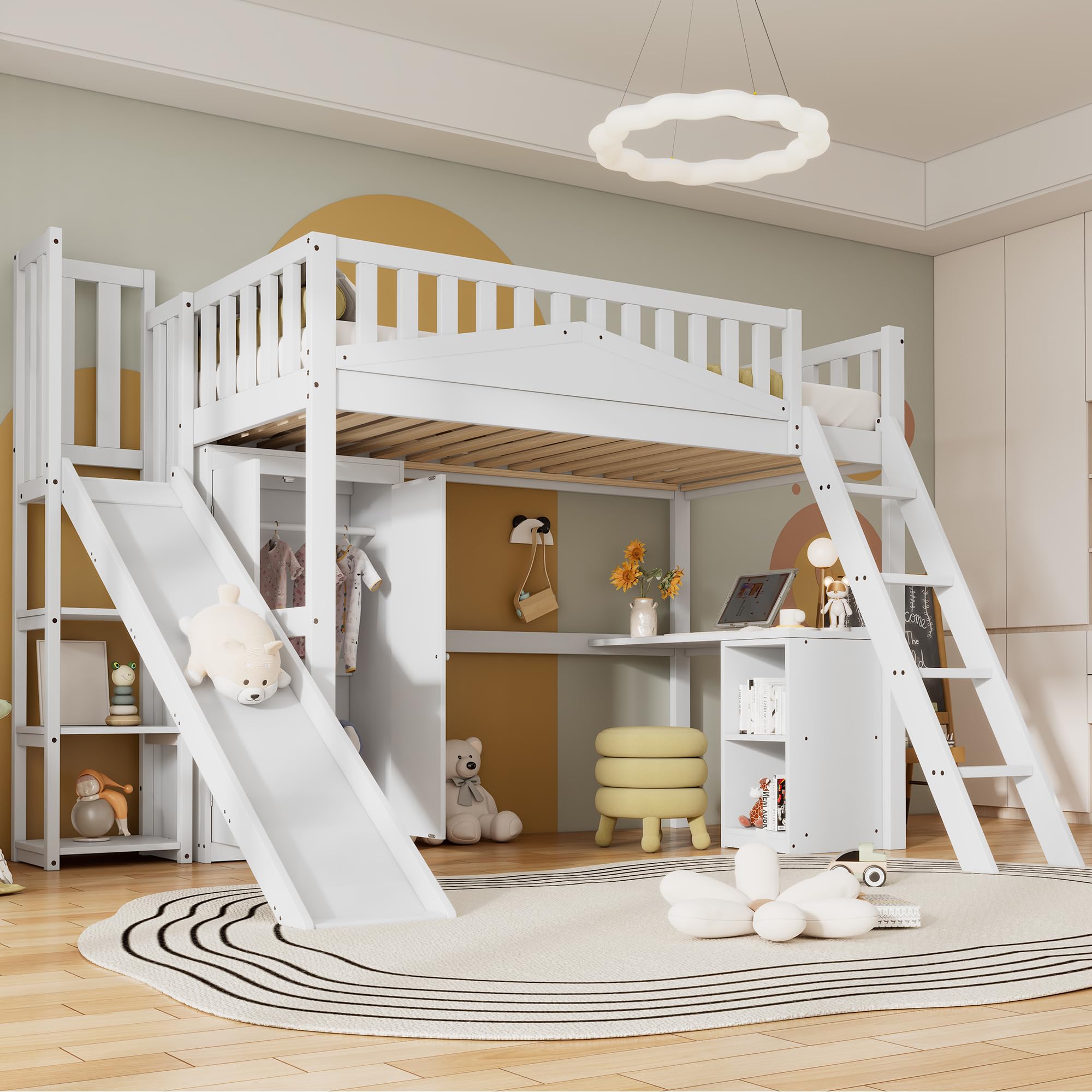 Letto A Castello Con Scivolo E Contenitori Per Bambini - Letto A Soppalco Singolo Con Protezione Cadute, Scale Portaoggetti, Finestra E Tetto - Colore Bianco - 2