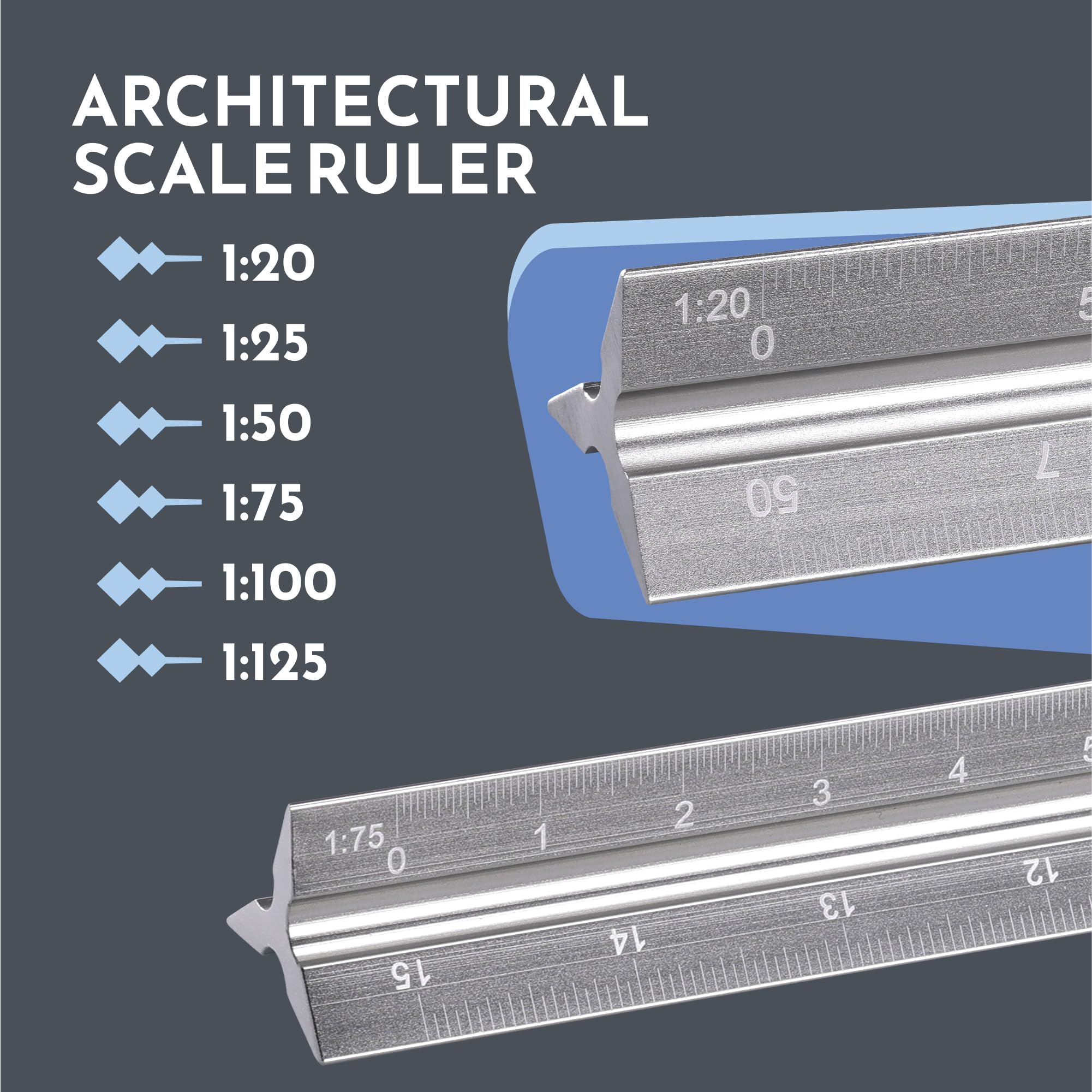 WINTEX Escalimetro Profesional - Regla 30 cm - Regla Triangular de Aluminio - Escalímetro para Arquitectos o Ingenieros - 1:20 1:50 1:75 1:100 1:125 - Regla Metalica con Bolsa