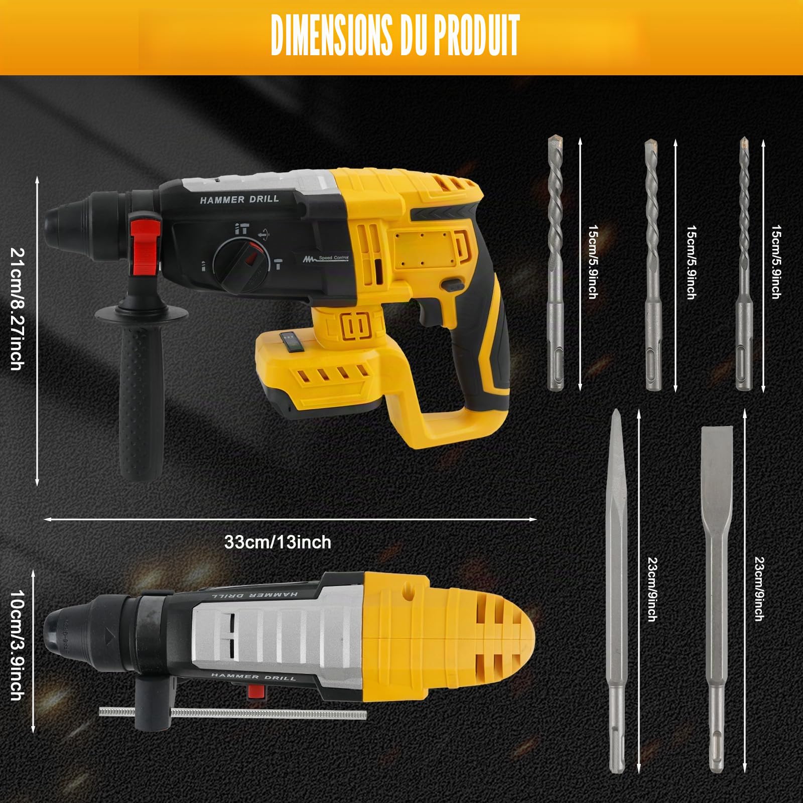 Roadtime 2.6J Hammer de forage 600W pour DeWalt 20Vbatterie (sans batterie) | vitesse du marteau 1100 tr/min,hammer combiné avec broche de forage 3x SDS PLUS,avec 4 fonctions