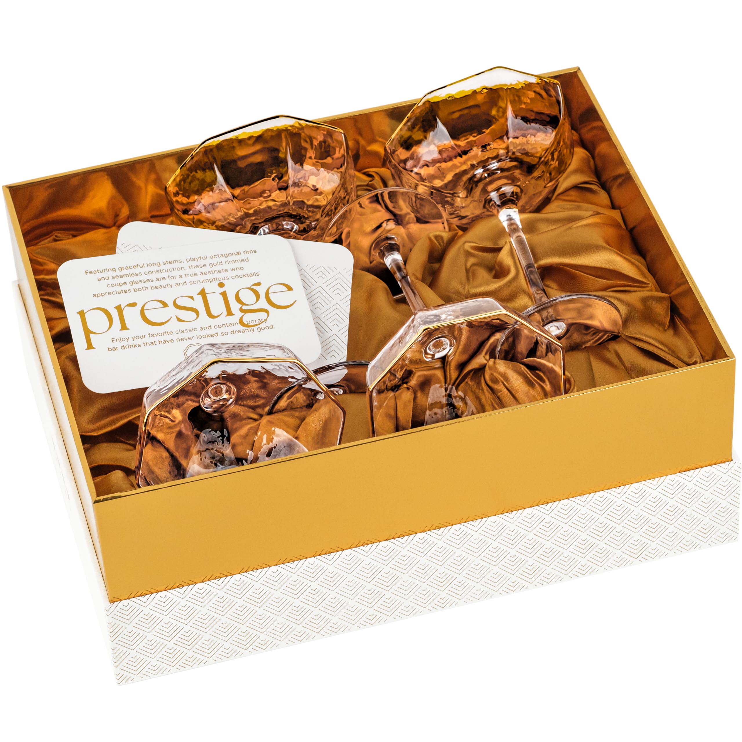 Bicchieri piccoli da 150 ml, ottagonali Prestige Coupé, con bordi dorati, per cocktail e champagne, set da 4, in cristallo angolato, a stelo lungo, per espresso Martini, Daiquiri, Gimlet, Cosmopolitan