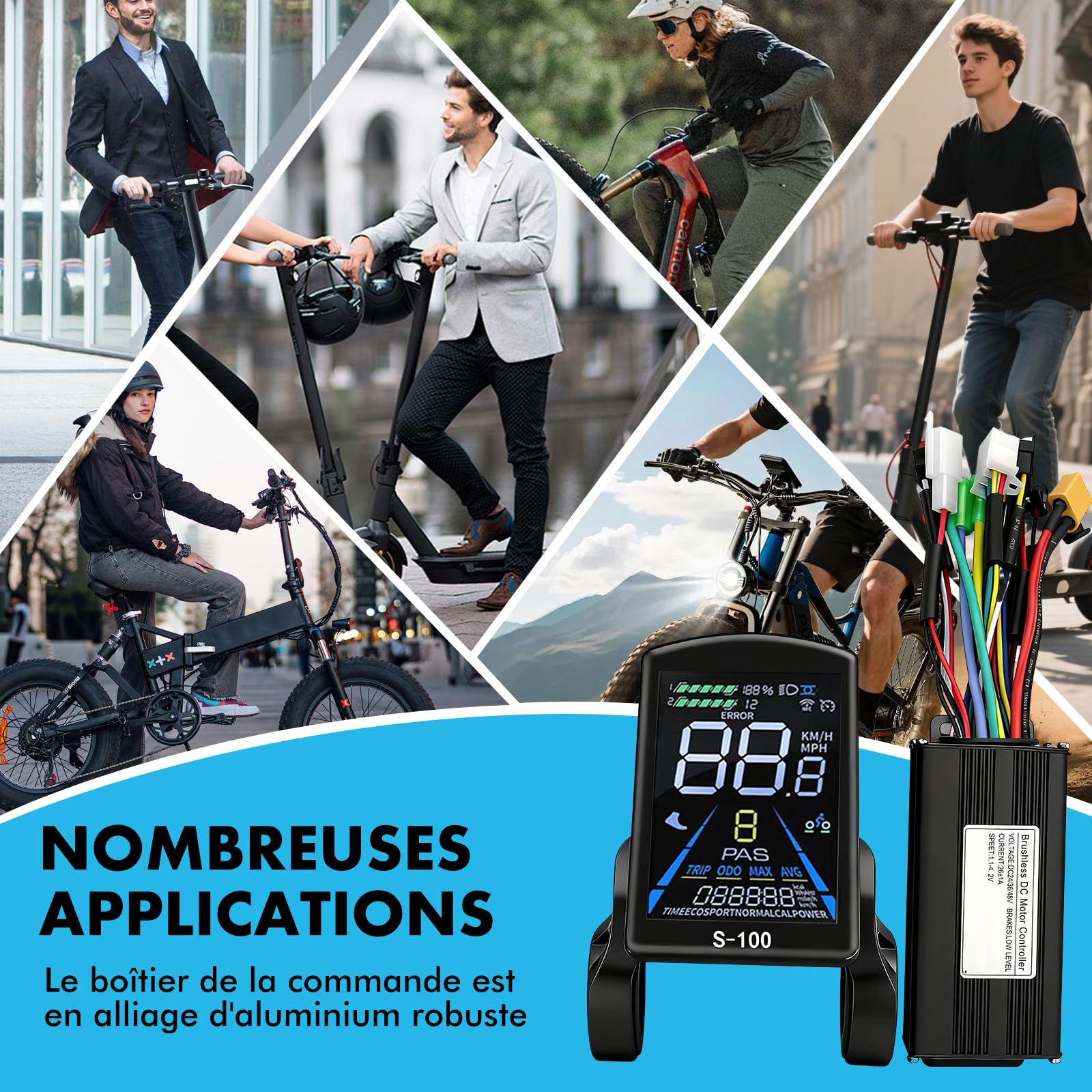 Kit de Contrôleur de Moteur sans Balais pour Vélo Électrique, 36V 48V 500W 750W 26A 3 Modes Contrôleur à Onde Sinusoïdale avec Panneau d'Affichage LCD Couleur S-100 Étanche