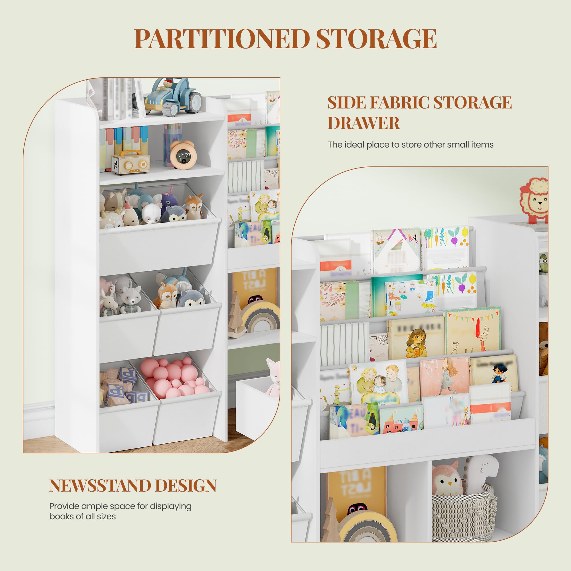 HEXCELEN Meuble Rangement Enfant avec Porte-journaux, Bibliothèque Enfants avec Tiroirs Roulants, 10 Boîtes en Non-tissé, Étagère à Jouets, pour Chambres d'enfants, Bureau, 30 x 140 x 100 cm Blanc