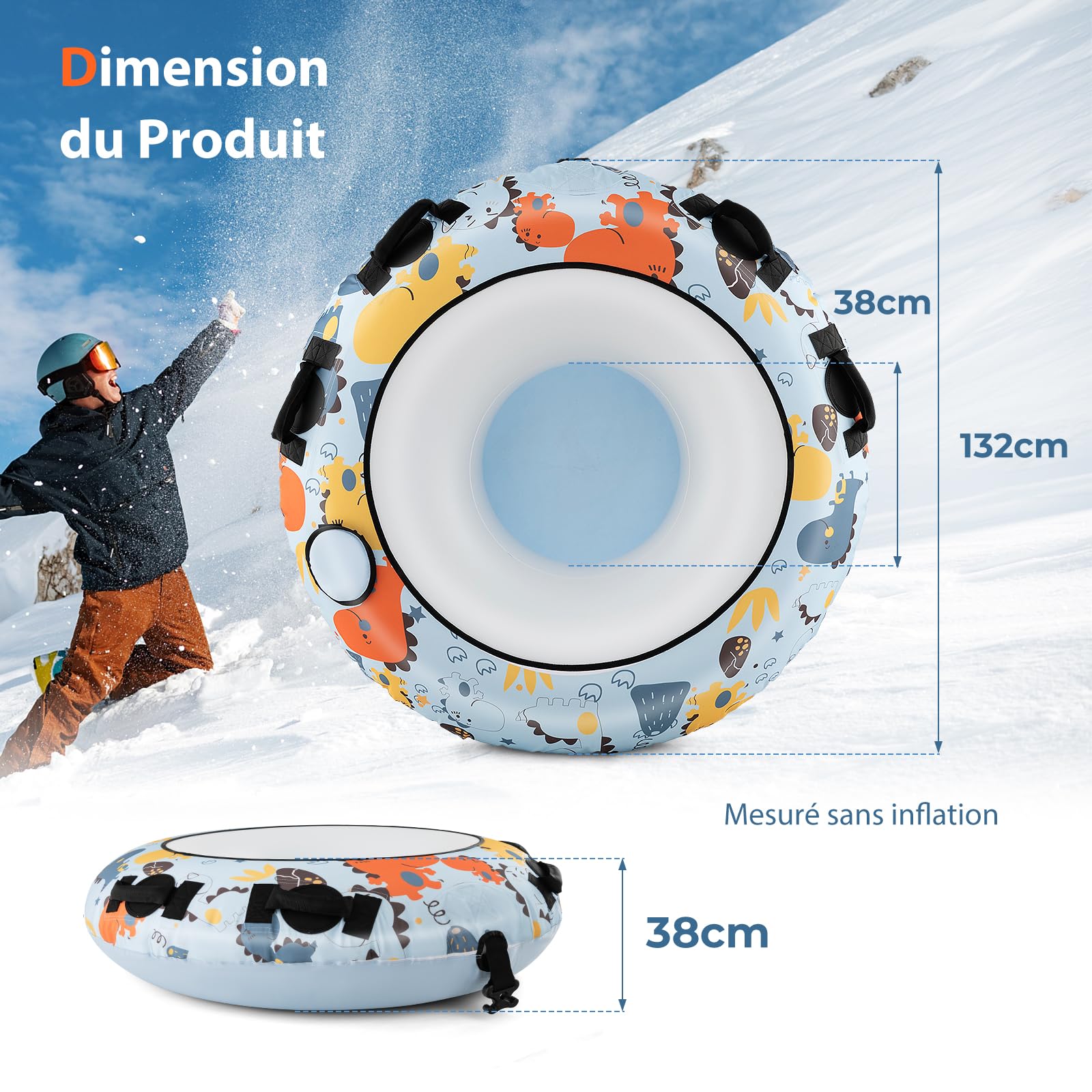 SOARS Tube à Neige Gonflable, Luge Gonflable 132 CM en Polyester Oxford, avec Poignées Stables et Pompe à Pneu, Anti-Rayures, Résistant au Gel Jusqu’à -25 ℃, Snow Tube pour Enfants et Adultes