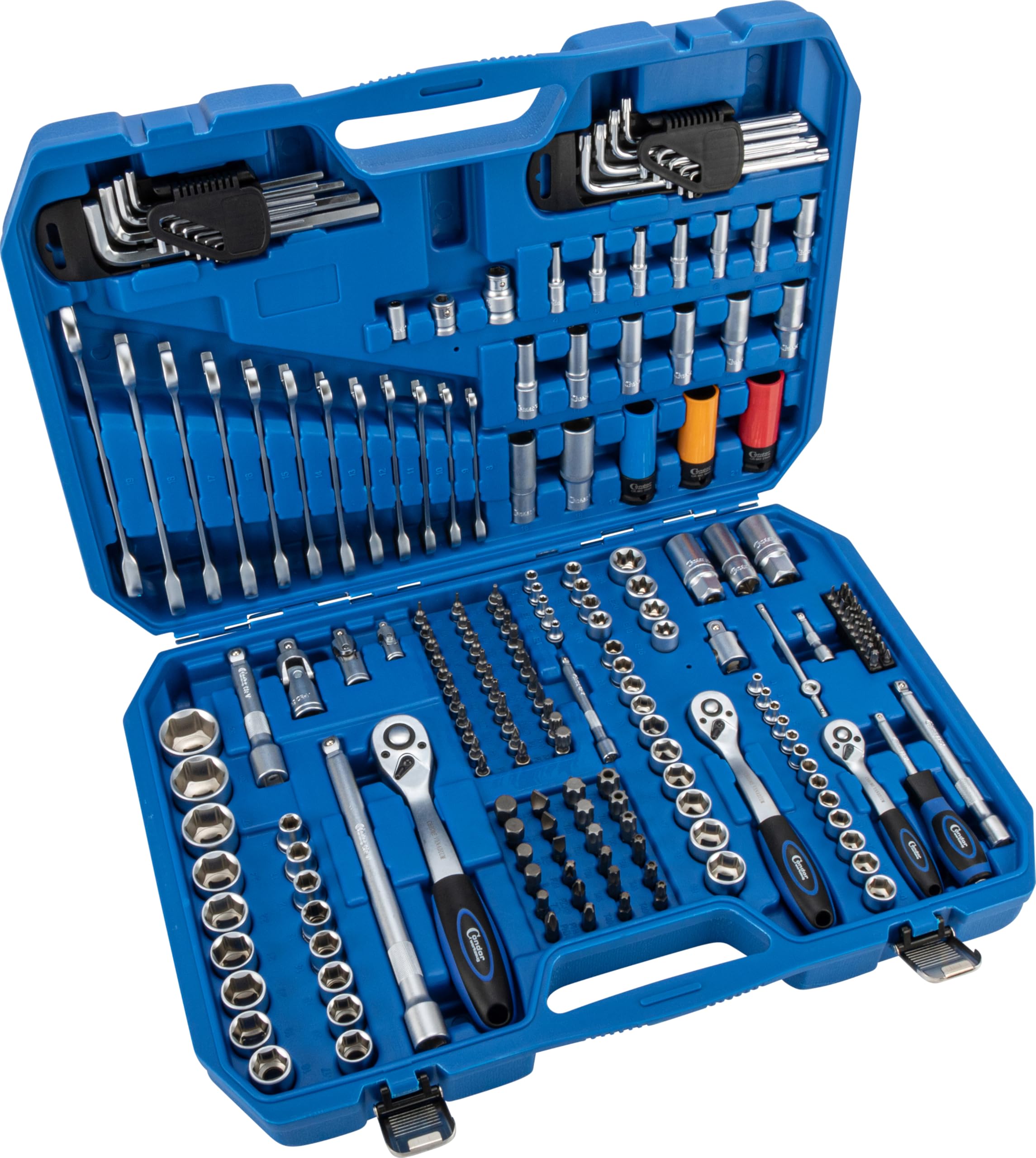 Condor Tool 2176 - Set di chiavi a bussola, 199 pezzi, 1/4 + 3/8 + 1/2", esagonali 4-32 mm, set a cricchetto, scatola a cricchetto, set di attrezzi professionali