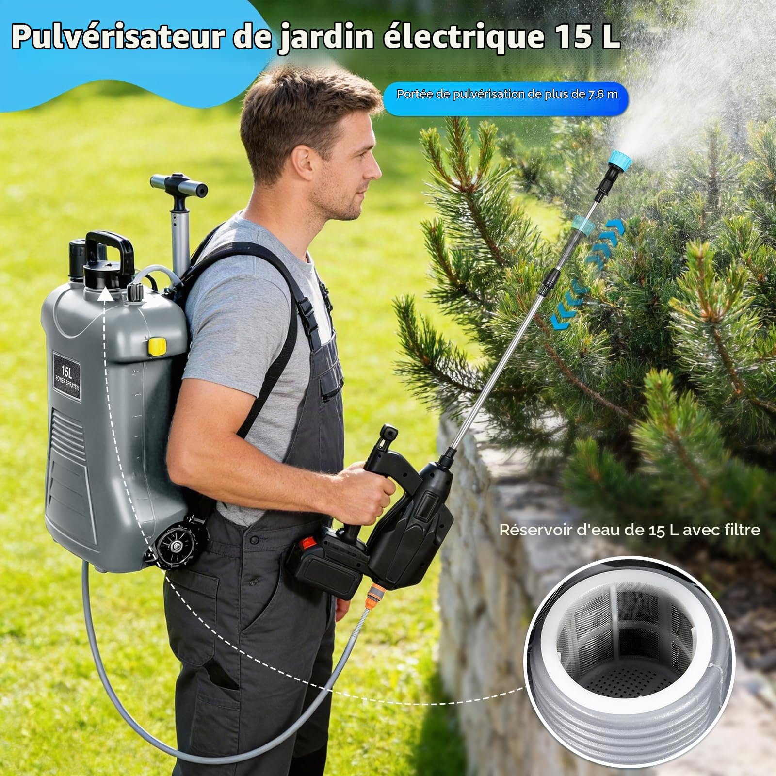 Pulvérisateur Électrique à Batterie 15L sur Roues, Pulvérisateur de Jardin à Dos Compatible avec Batterie 18V, 3 Vitesses de Pression, Lance Télescopique en INOX pour Désinfection et Arrosage