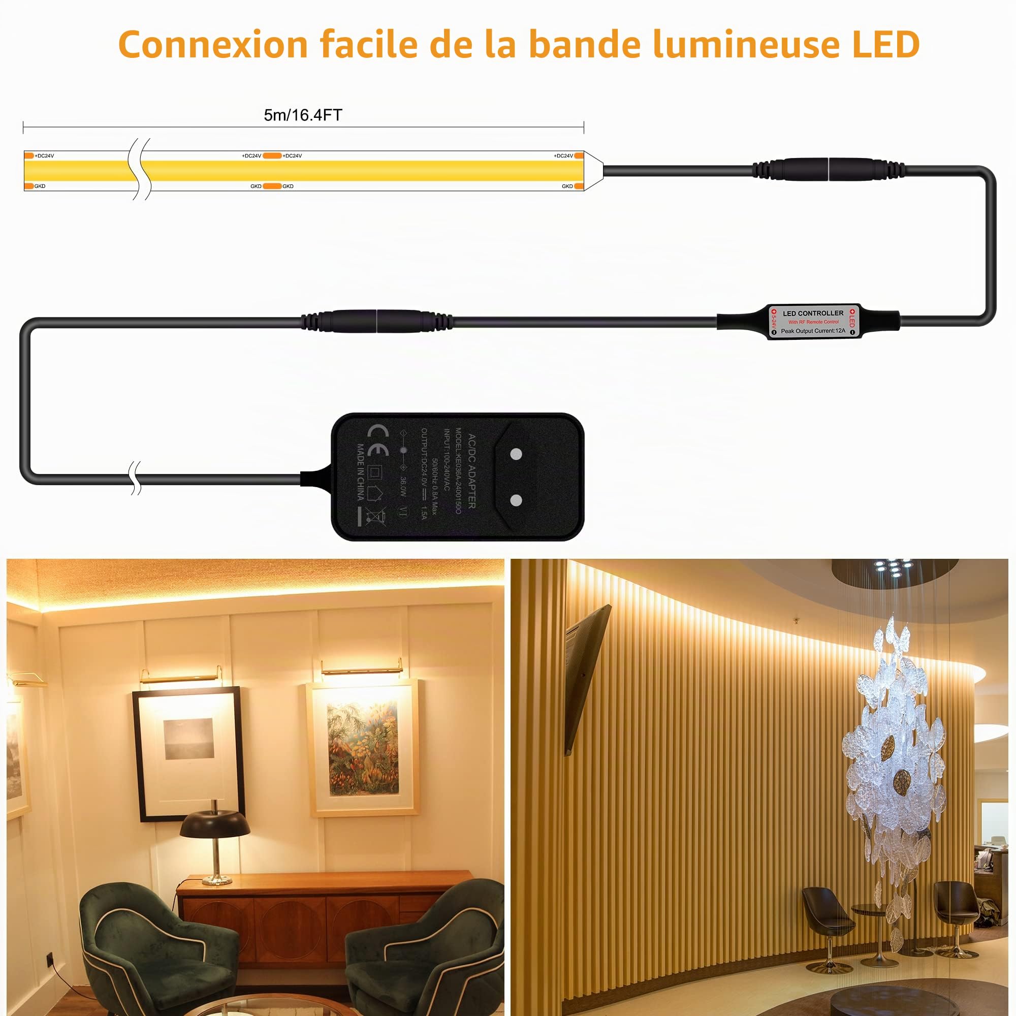 TTWAY Ruban LED COB 2700K, 5M DC24V Bande LED Blanc Chaud avec Alimentation et Télécommande, 480LEDs/M, CRI 93+, Largeur 8mm, Bande Lumineuse COB Dimmable pour Chambre, Décoration de la Maison