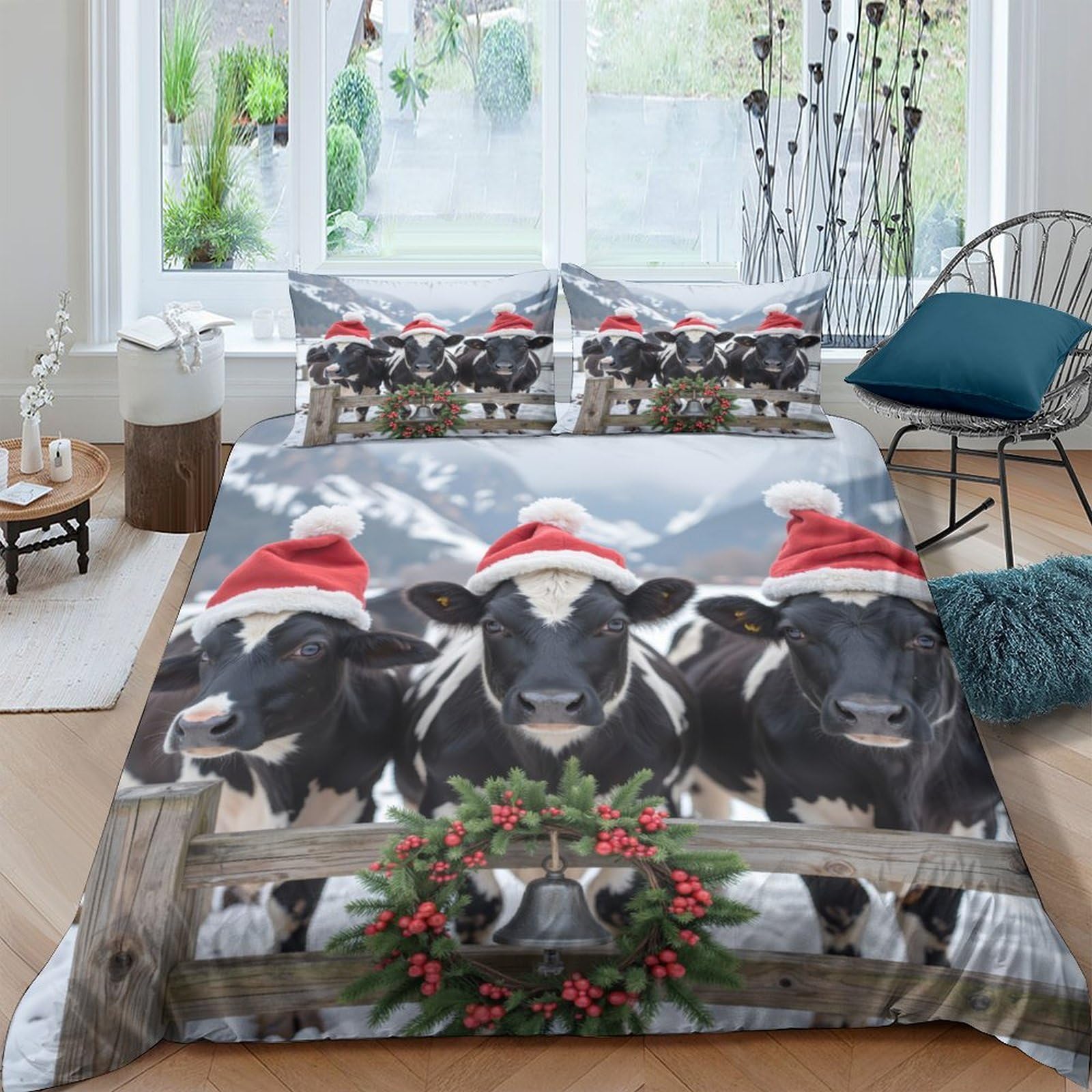 Ctjqhvkz Style-7 3D Printed Christmas Cow Fitted Sheet Microfiber Soft Anti-Slip Farmhouse Bed Cover For Bedroom Guest Room Decor Single（135X200cm）