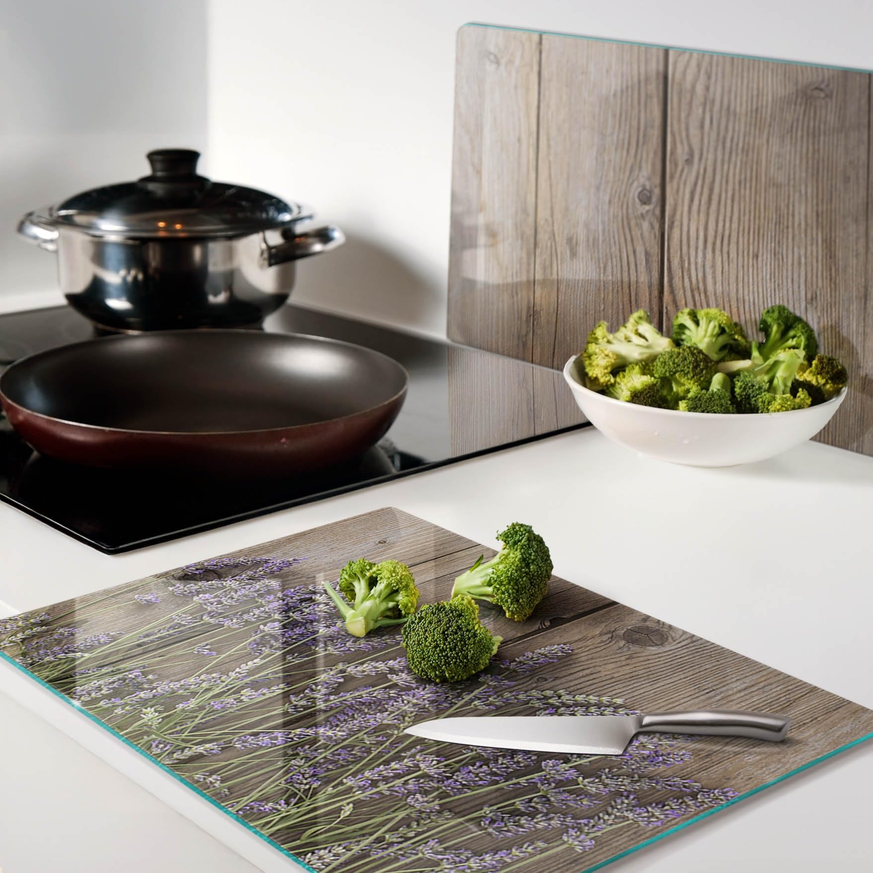 Tulup Tabla De Cortar Cocina 2x40x52cm - Vidrio Protector De Placa De Induccion - Lavanda En La Madera