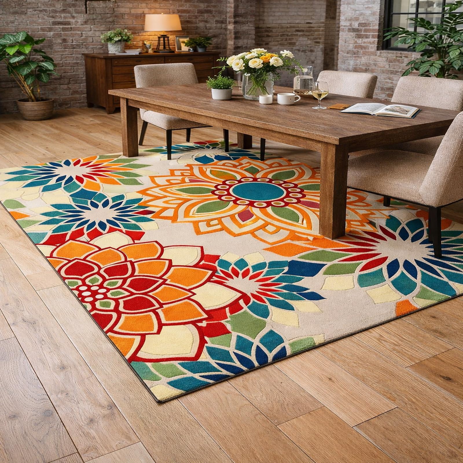 Tapis grand salon motifs floraux géométriques multicolores 200x250