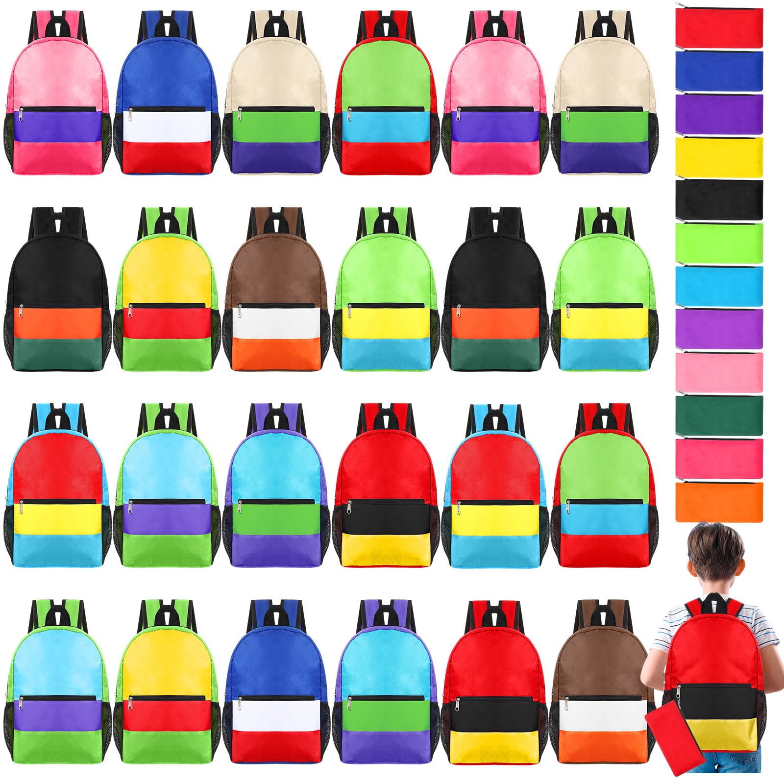 Cholemy 24 Pack 14" Kids Backpack Bulk for School with Zipper Pencil Pouch, Operation Christmas Wholesale Bookbag for Student (Stylish Color)