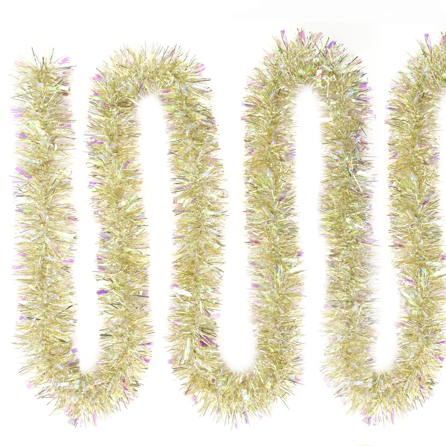 iPEGTOP 26.2ft Christmas Tinsel Garland, Classic Thick Shiny Sparkly Christmas Tree Ornaments Party Ceiling Hanging Decorations with Colorful Iridescent Reflections Shiny Filament - Gold