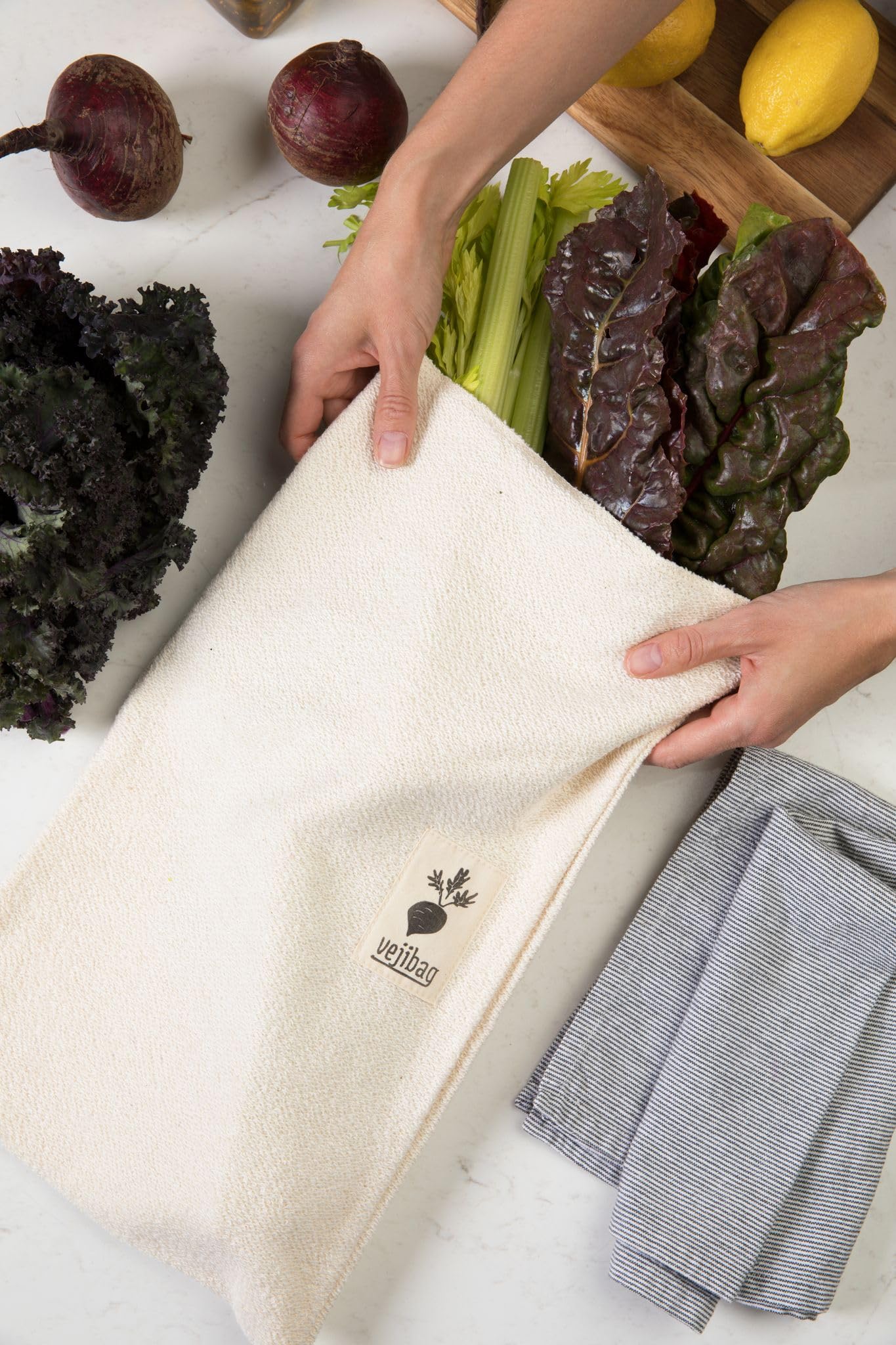 VEJIBAG Large | Certified Organic Cotton Vegetable Crisper Bags | Produce Bags to Keep Lettuce & Veggies Fresh | Reusable, Eco-Friendly, Biodegradable, Machine Washable/Dryable | Made in USA