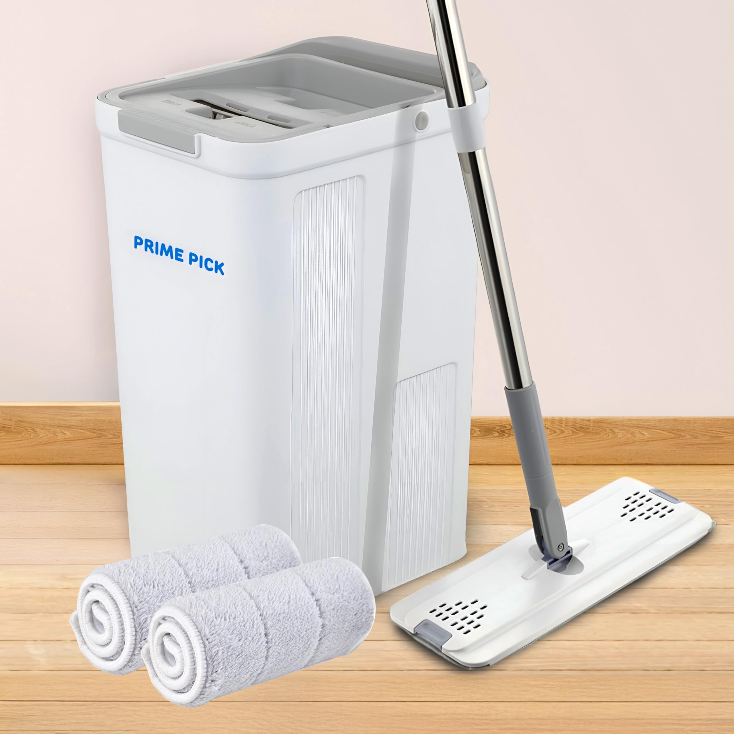 PRIME PICK Plastic Mop and Bucket with Wringer Set, Flat Floor Mop and Bucket, with 2 Microfiber Mops for Floor Cleaning, Wet and Dry Use for Household Cleaning-White