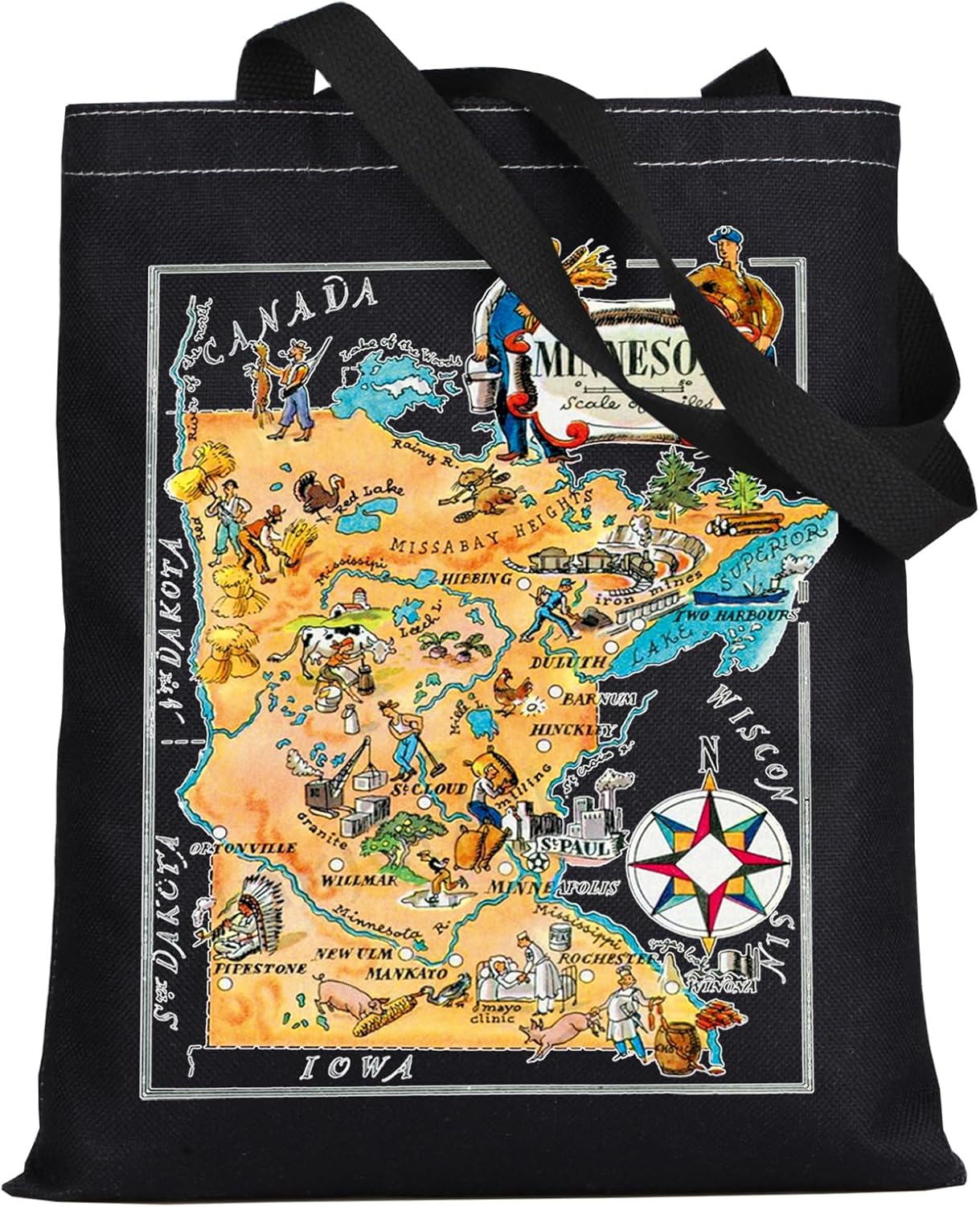 LEVLO Fun State Map Tote Bag - Minnesota Travel Souvenir Gift - 1940's Minnesota Cartoon Illustration Shoulder Bag