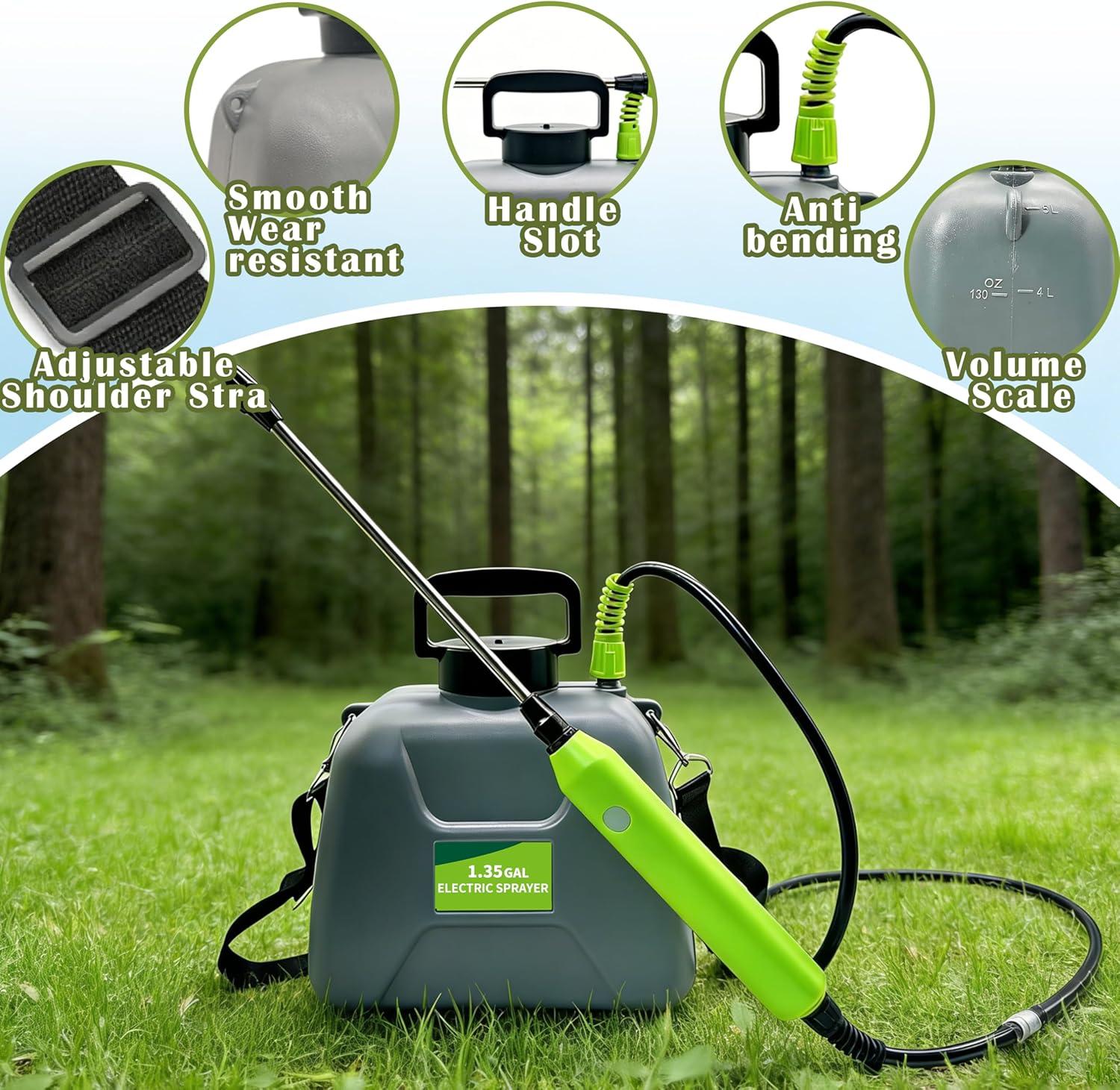 1.35 Gallon Battery Powered Sprayer, Covers 3,000 Sq Ft per Tank – Electric Sprayer with 3 Interchangeable Nozzles, Adjustable Shoulder Strap for Lawn, Garden, Weed Control – Gray