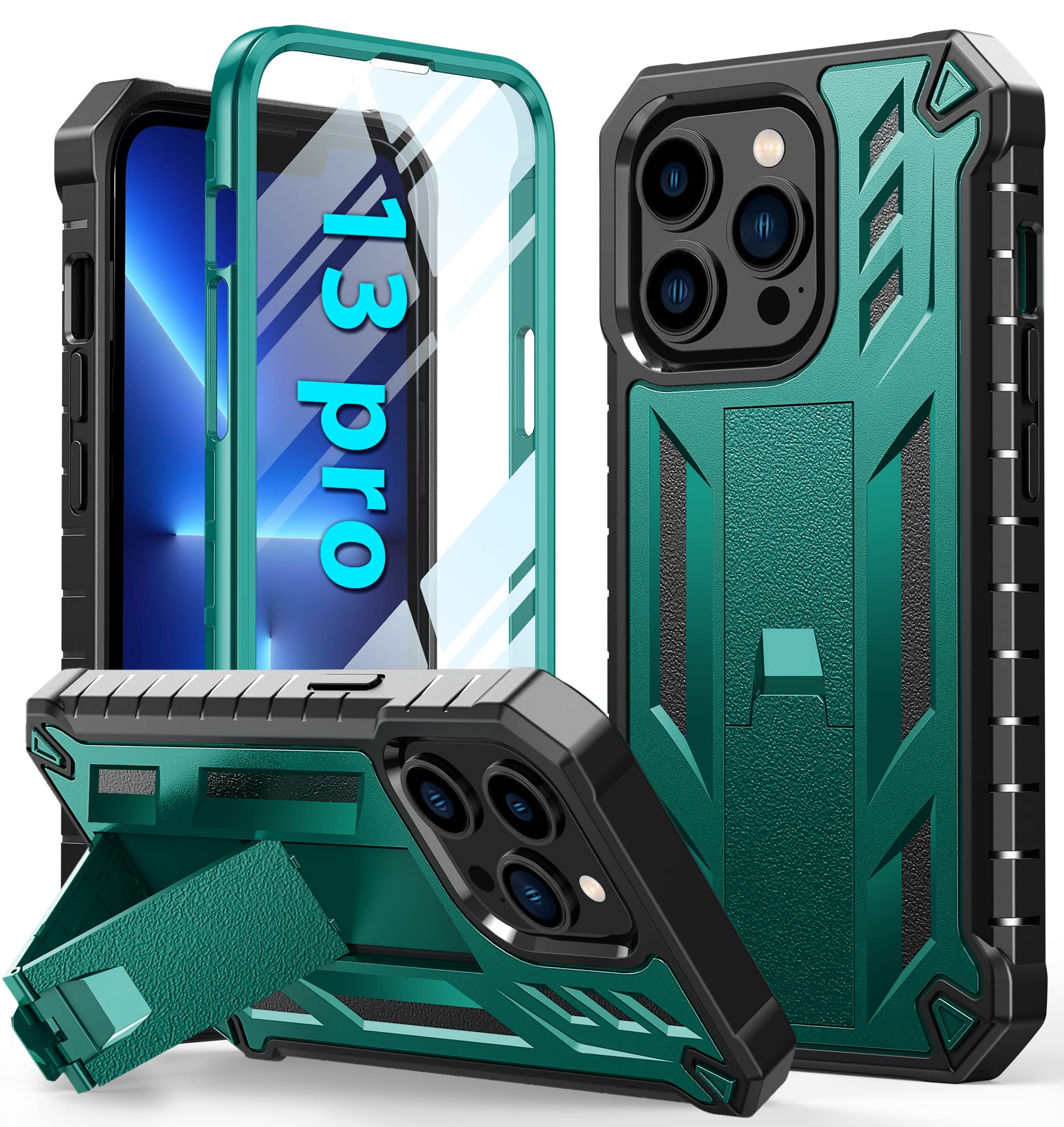 SOiOS for iPhone 13-Pro Phone Case: Military Grade Drop Proof Protection Mobile Cover with Kickstand | Matte Textured Rugged Shockproof TPU | Protective Sturdy Case - Green(Not for 13 Pro Max)
