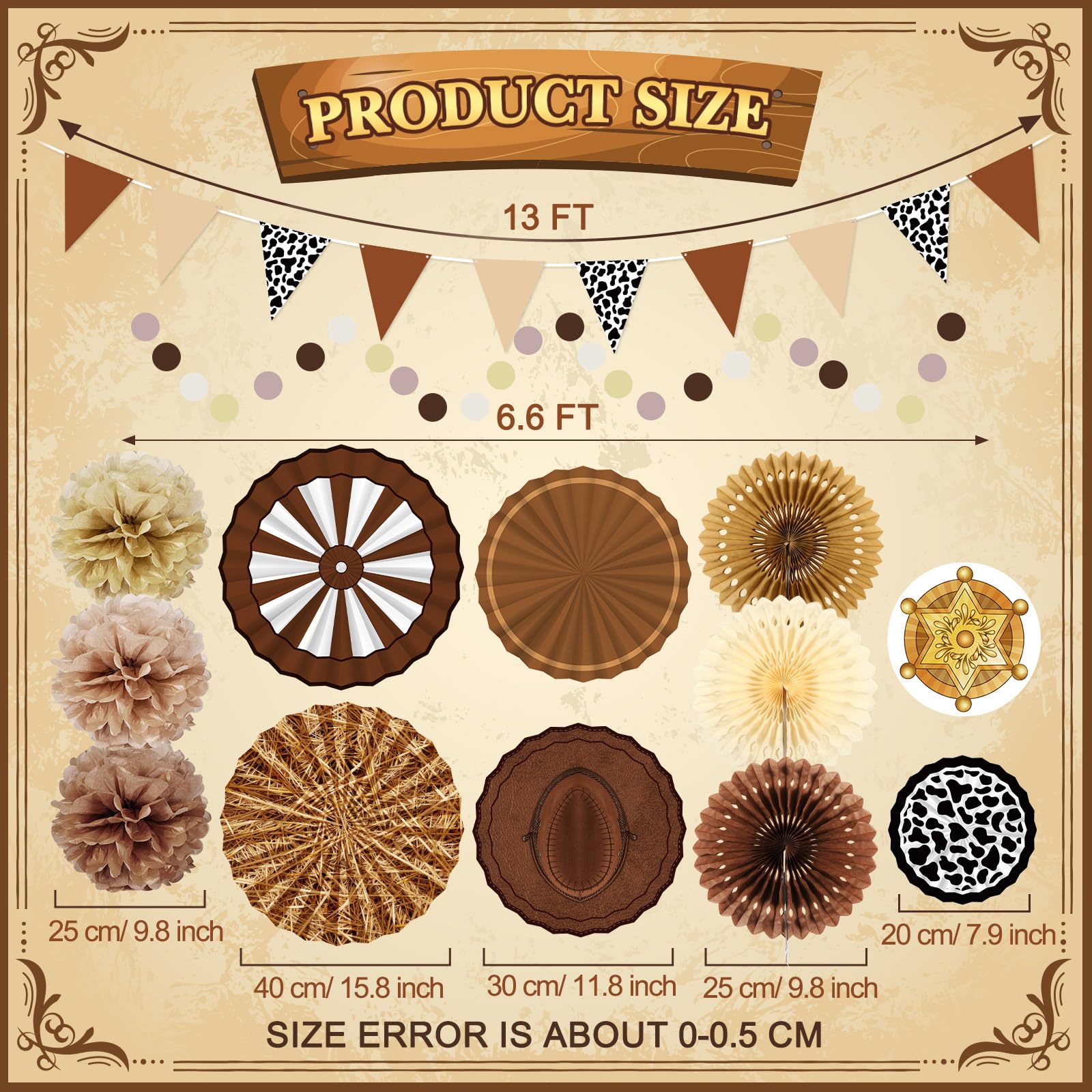 Fullhawl 23 Pcs Western Cowboy Party Decorations Western Party Hanging Paper Fan Pennant Banner Paper Pom Poms West Themed Hanging Decoration for Country Farm Cowboy Theme Wild West Supplies