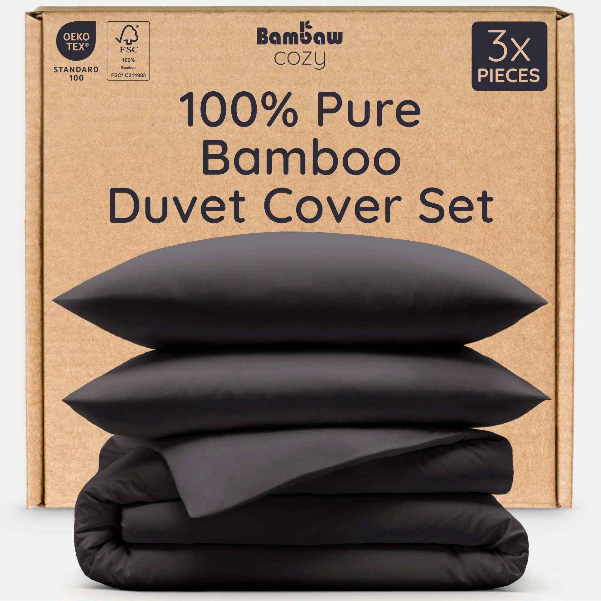 Bambaw Bamboo Duvet Cover Double Bed, 3-Piece Double Duvet Cover Set (200 x 200 cm) with Bamboo Pillow Cases 2 Pack (50 x 75 cm), Ultra Soft, Cooling, Hypoallergenic & OEKO-TEX® Certified (Black)