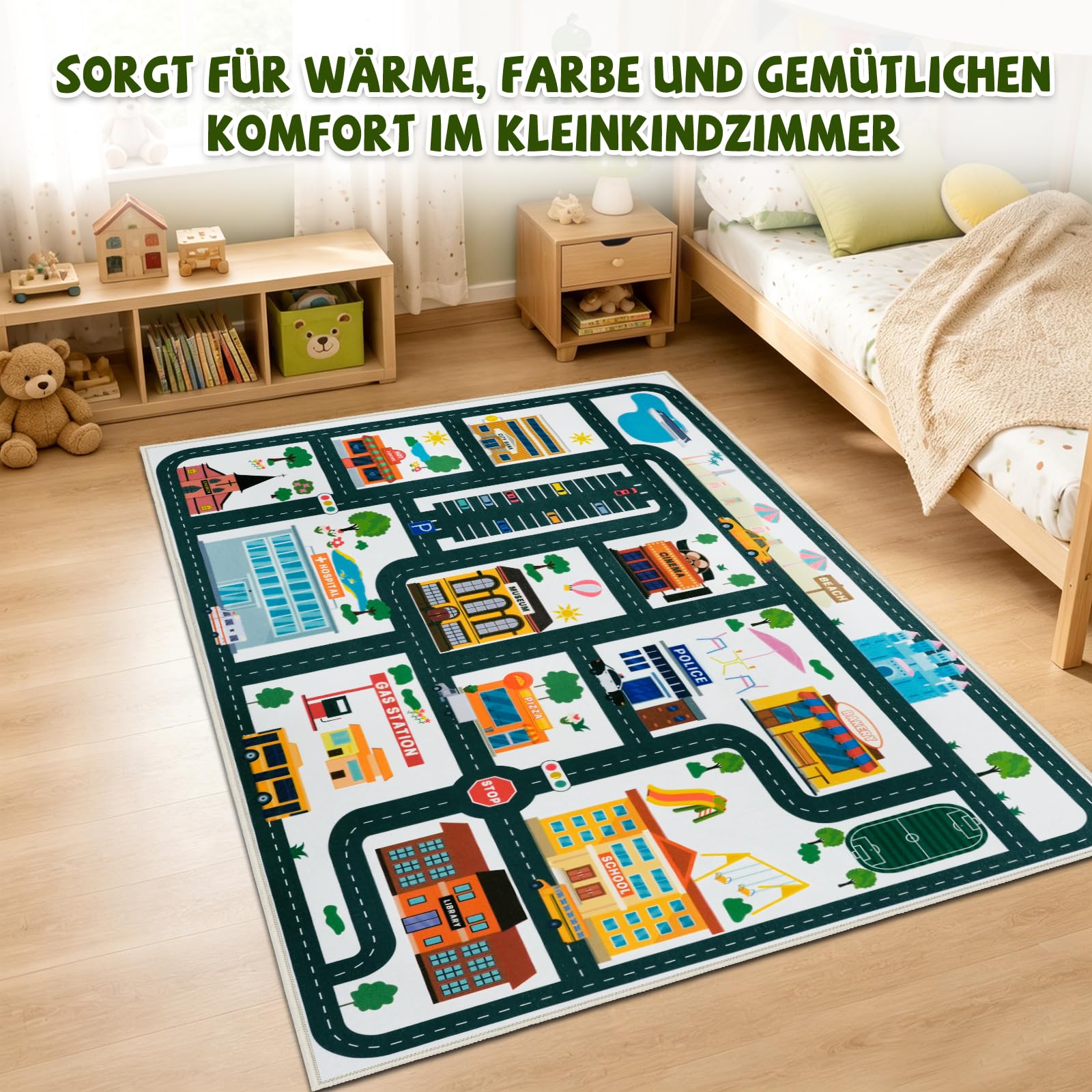 Capslpad Tapis de jeu éducatif et amusant - Vert - 152 x 198 cm (Rectangulaire) - Tapis de salle de jeux pour enfants - Tapis de jeu routier lavable