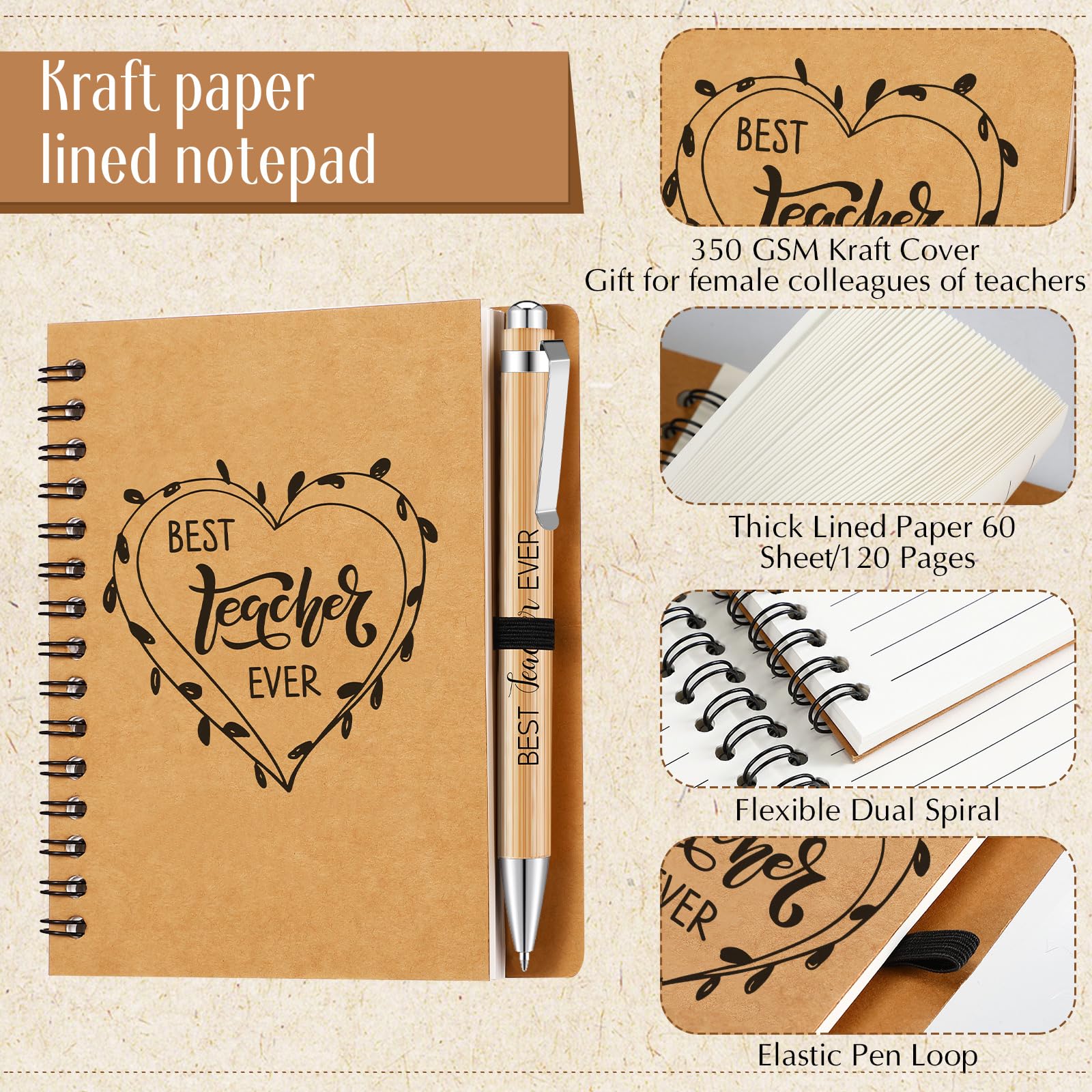 Dianelhall 2 Pcs Teacher Appreciation Gift Best Teacher Notebook Ballpoint Pen Kraft Lined Notepad Thank You Leaving Gifts for Colleagues Women Employee Coworker Volunteer Christmas - Image 4