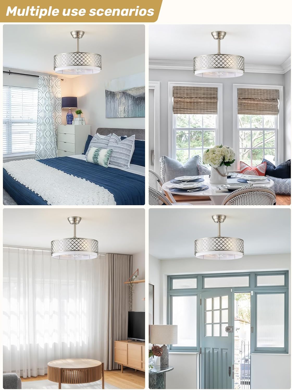 20" Silver Fandelier Ceiling Fan with Lights, Caged Boho Ceiling Fan with Light Remote Control, Rattan with 6 Speeds for Bedroom, Nursery, Living Room