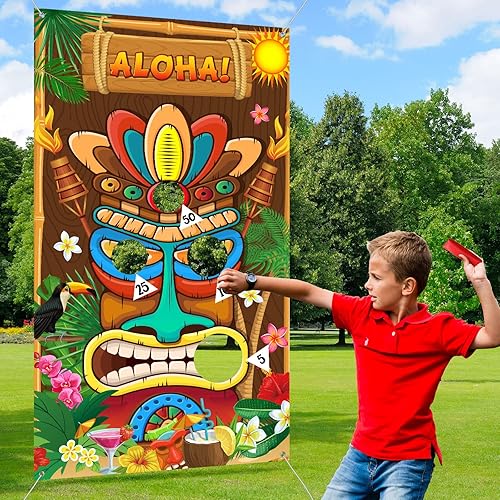 Luau Party Games Hawaiian Tiki Party Toss Games Banner con 3 bolsas de frijoles, decoración de tótem para suministros de carnaval tropical de verano