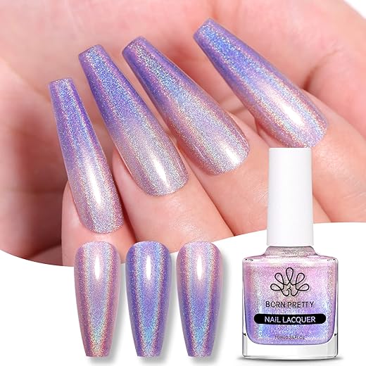 Born Pretty Esmalte de uñas con purpurina, efecto térmico, cambio de temperatura, holográfico, purpurina arcoíris brillante, superbrillante, esmalte de uñas, color rosa y lila