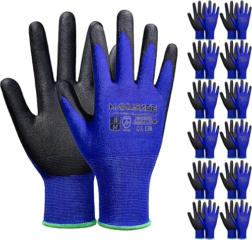 Miniatura 1 de Manusage Guantes de trabajo con revestimiento de nitrilo de microespuma, 12 pares, guantes de nailon de punto sin costuras para hombres y mujeres,