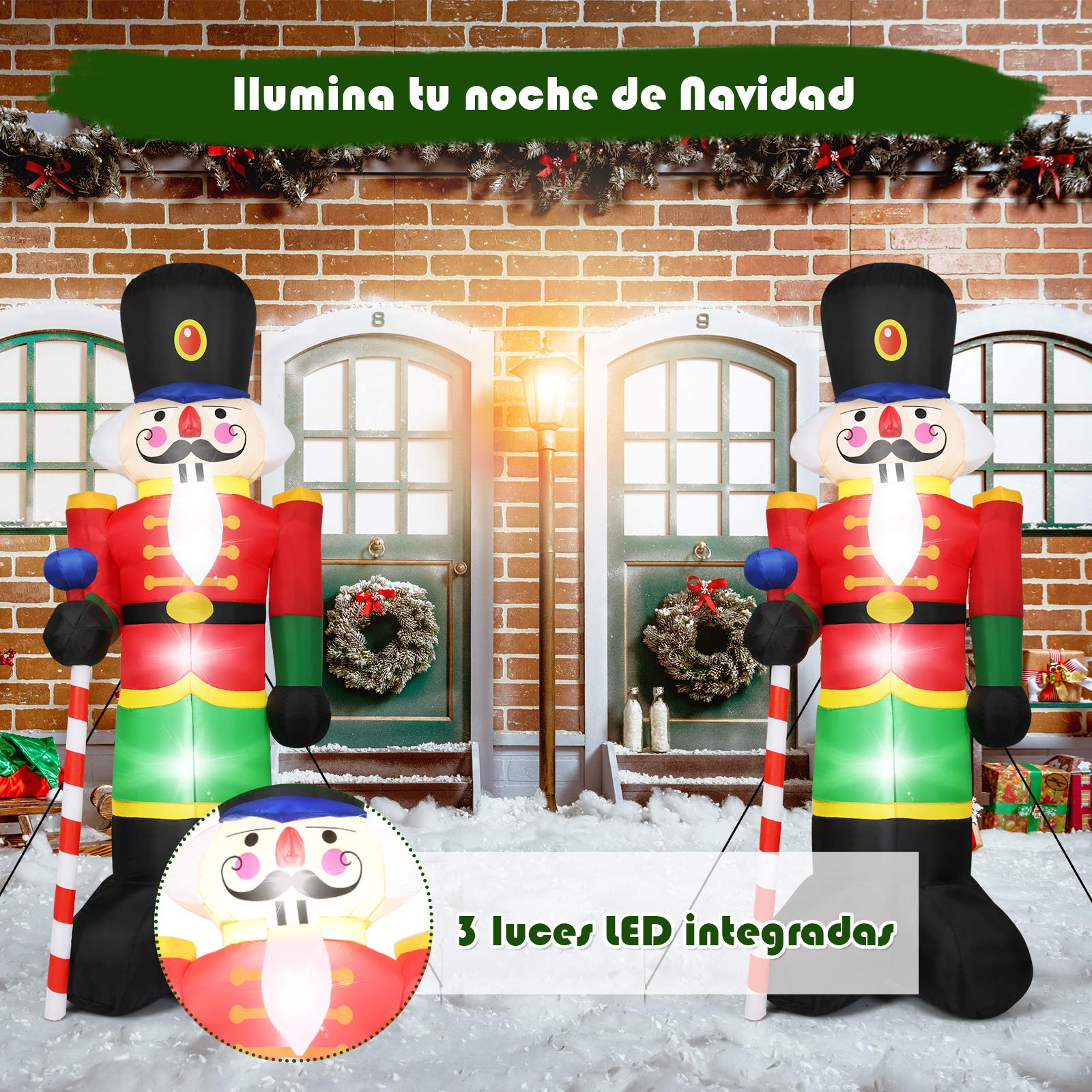 COSTWAY Soldadito Cascanueces Inflable de 240 cm con 3 Luces LED Bomba y Bolsas de Arena Decoración Navideña para Interior Exterior
