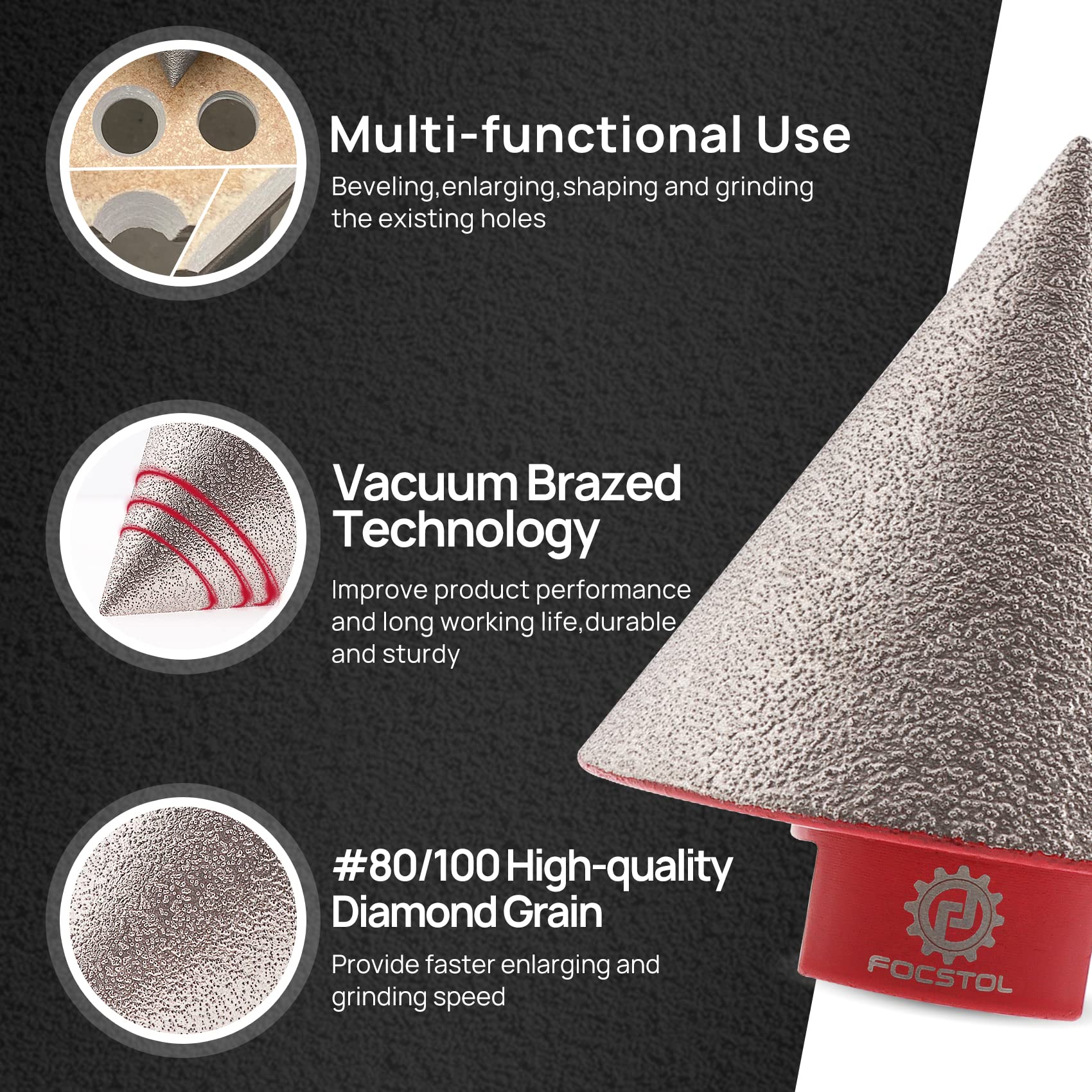 FOCSTOL Mèches de Chanfrein Biseautées Diamantées 50mm pour Trous Existants Agrandissant Garniture de Façonnage Dans Carrelage Porcelaine Céramique Granit Marbre M14 Filetage
