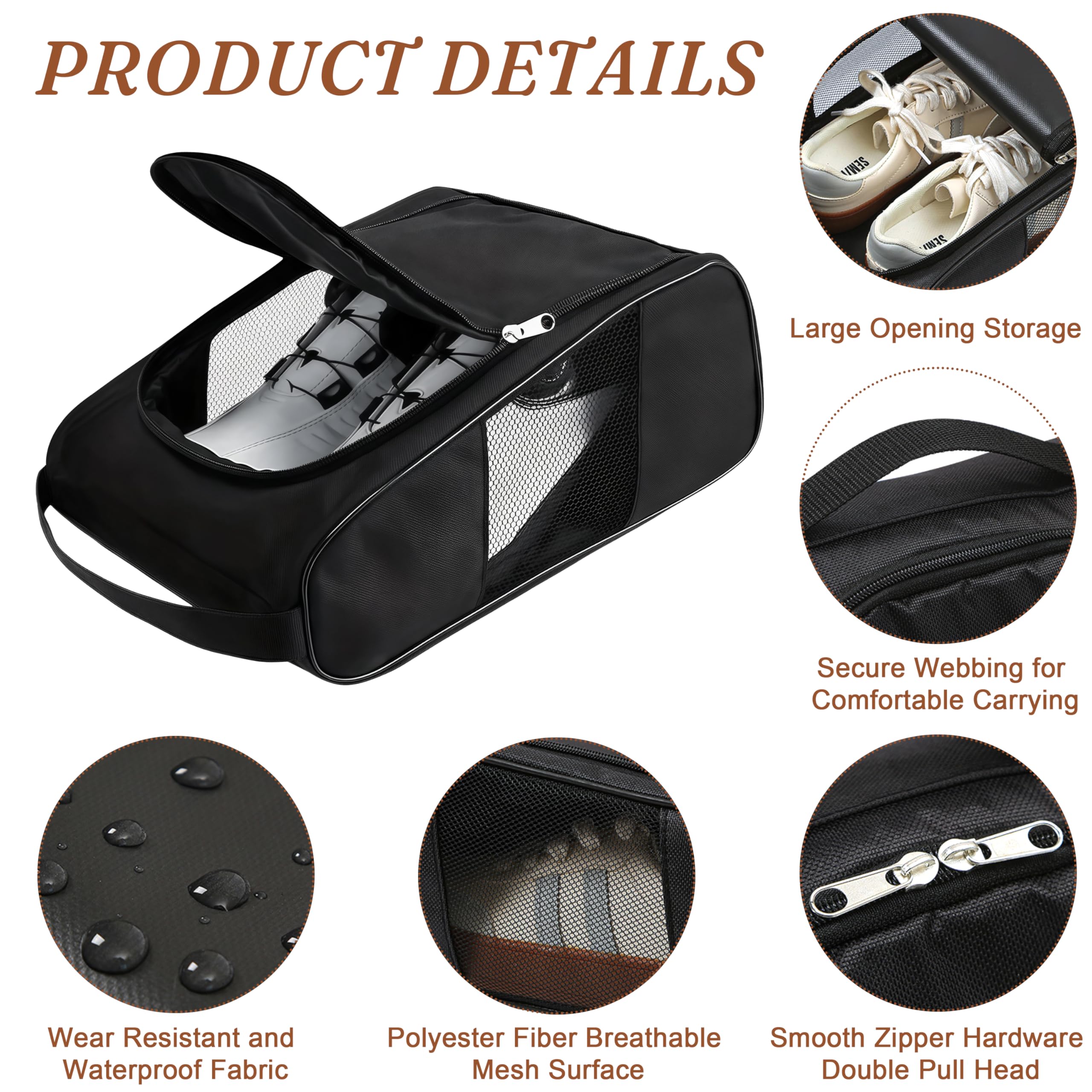 Bolsa para Zapatos de Golf para Hombre y Mujer 2 Unidades Bolsa Portátil de Oxford con Ventilación Organizador de Almacenamiento de Zapatos para Exterior, Deportes, Golf, Viajes y Gimnasio, Negro