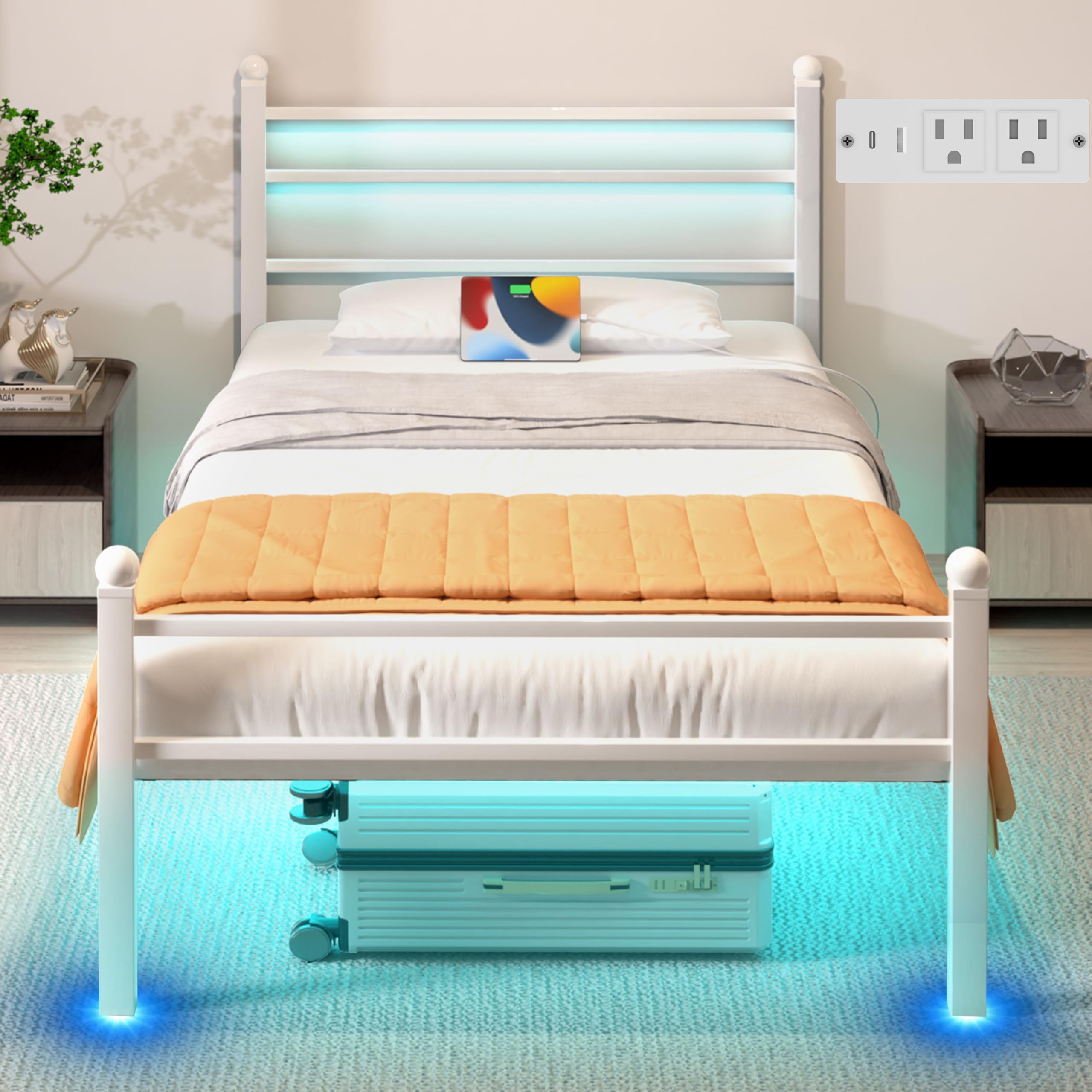 Photo 1 of ** sold as is no refund/return**  J.Fkne Twin Bed Frame with LED Lights & Charging Station, Metal Platform Bed with Headboard, Heavy Duty Metal Slats, No Box Spring Needed, Noise Free, Easy Assembly, White