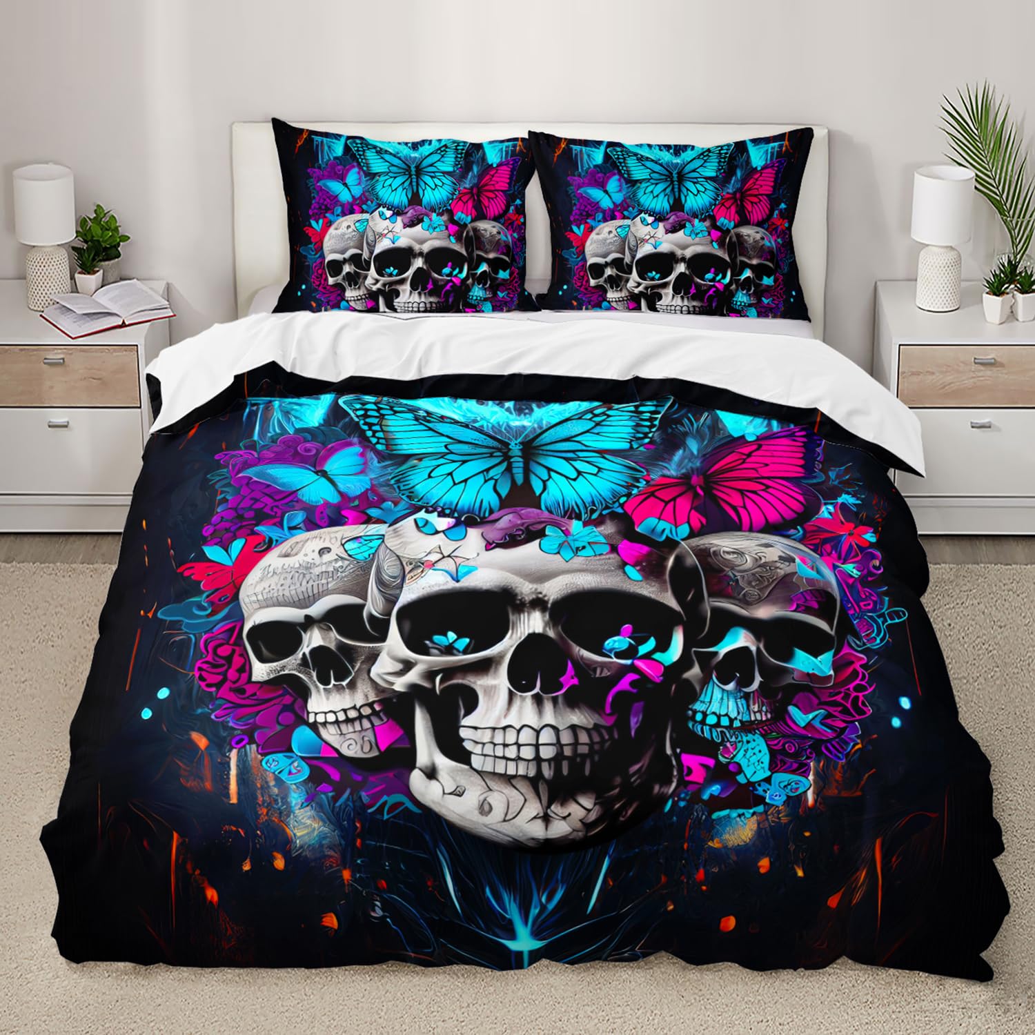 AILONEN 3D Skull Duvet Cover Set Queen Size, Butterfly Bedding Set for Boys Girls,Gothic Comforter Cover Set 3 Pieces, 1 Quilt Cover and 2 Pillowcases (No Comforter)