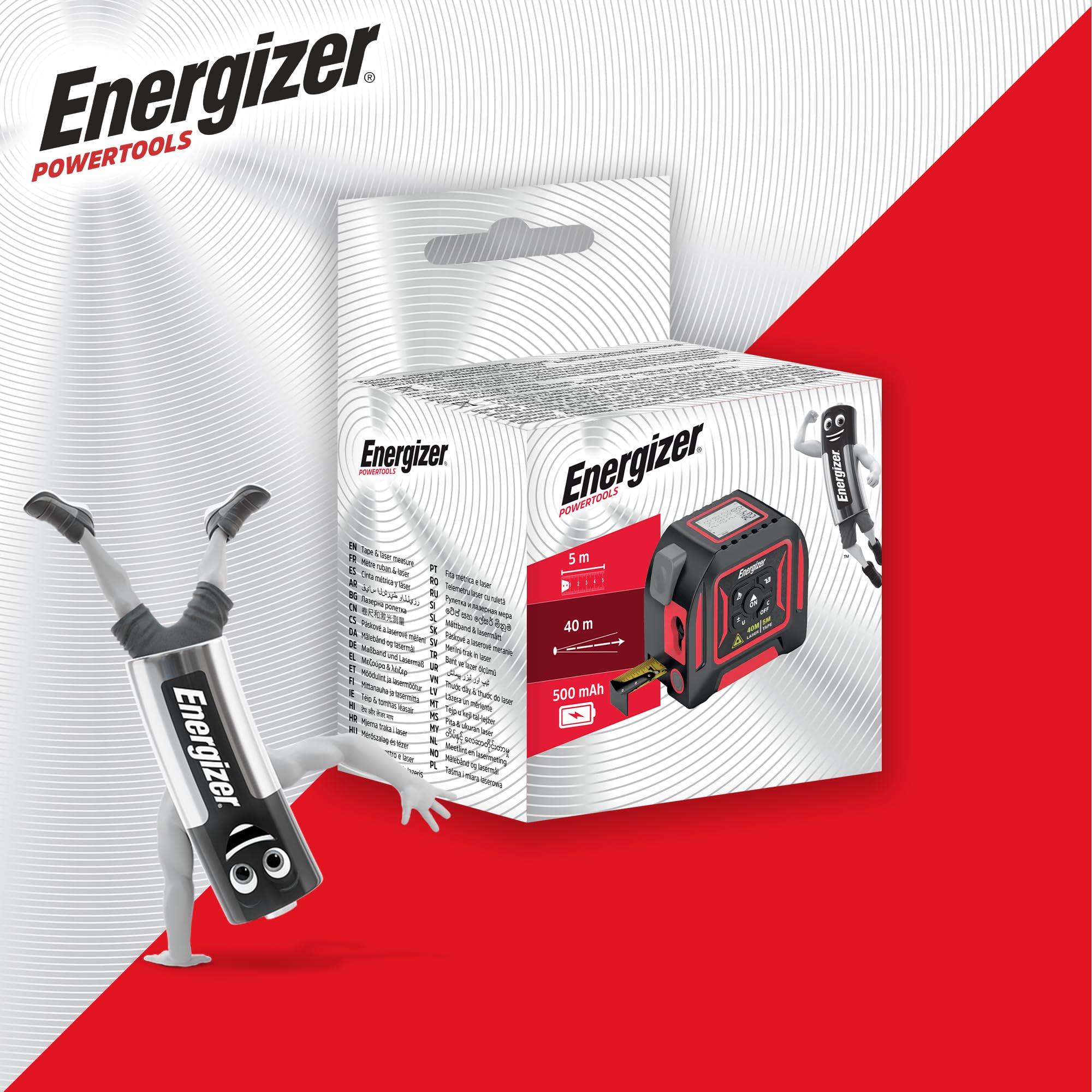 Energizer – Telémetro láser 2 en 1, medidor láser de 40 m y Cinta métrica de 5 m, Pantalla LCD, Recargable USB-C, medidor de Cinta láser Digital medidor de Volumen – batería de Larga duración