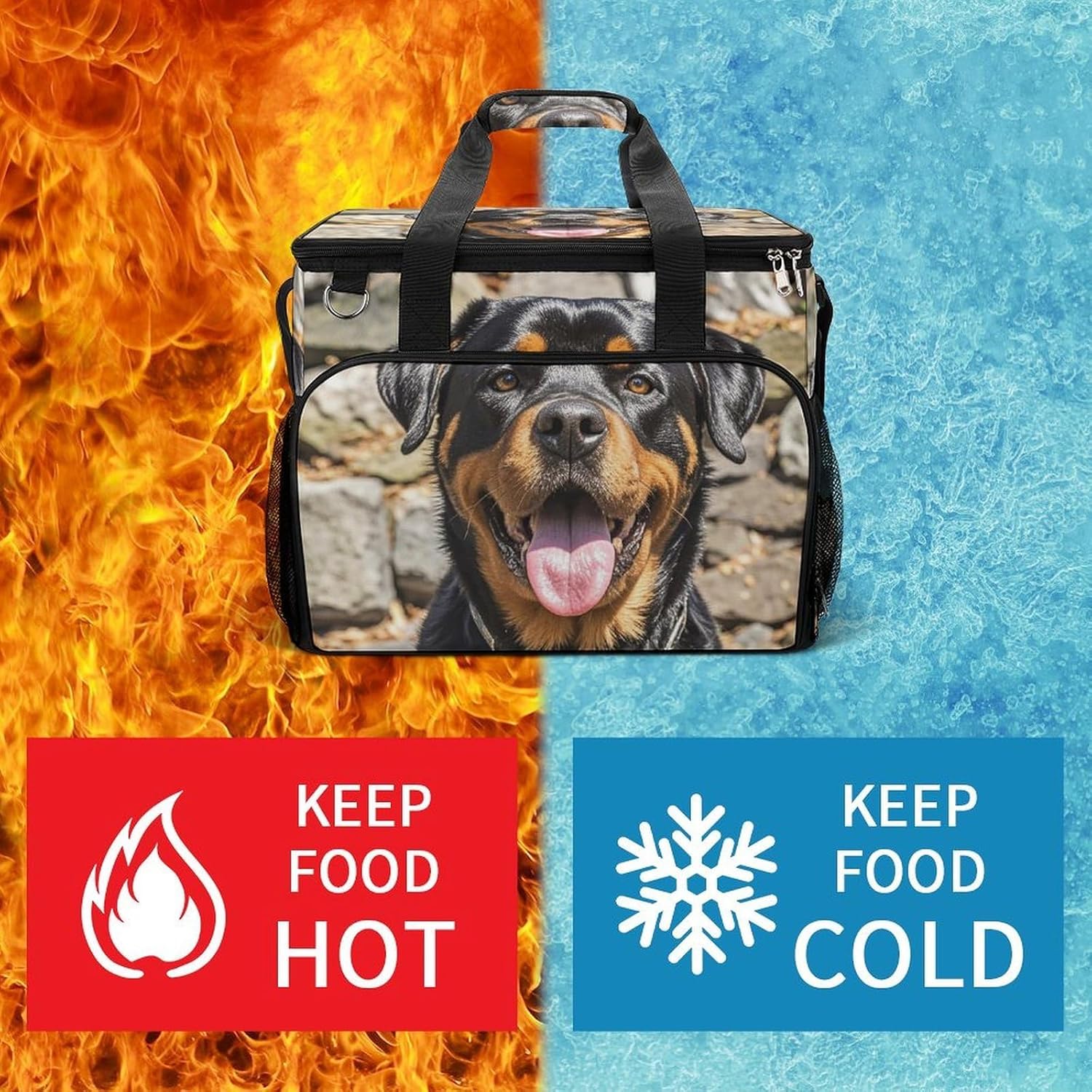 Insulated Picnic Backpack Tote Bag, Large Capacity 30L Rottweiler Dogs Tongue Head Cooler Bag Leakproof Beach Bags Portable Lunch Box Waterproof Picnic Basket for Beach Camping BBQ