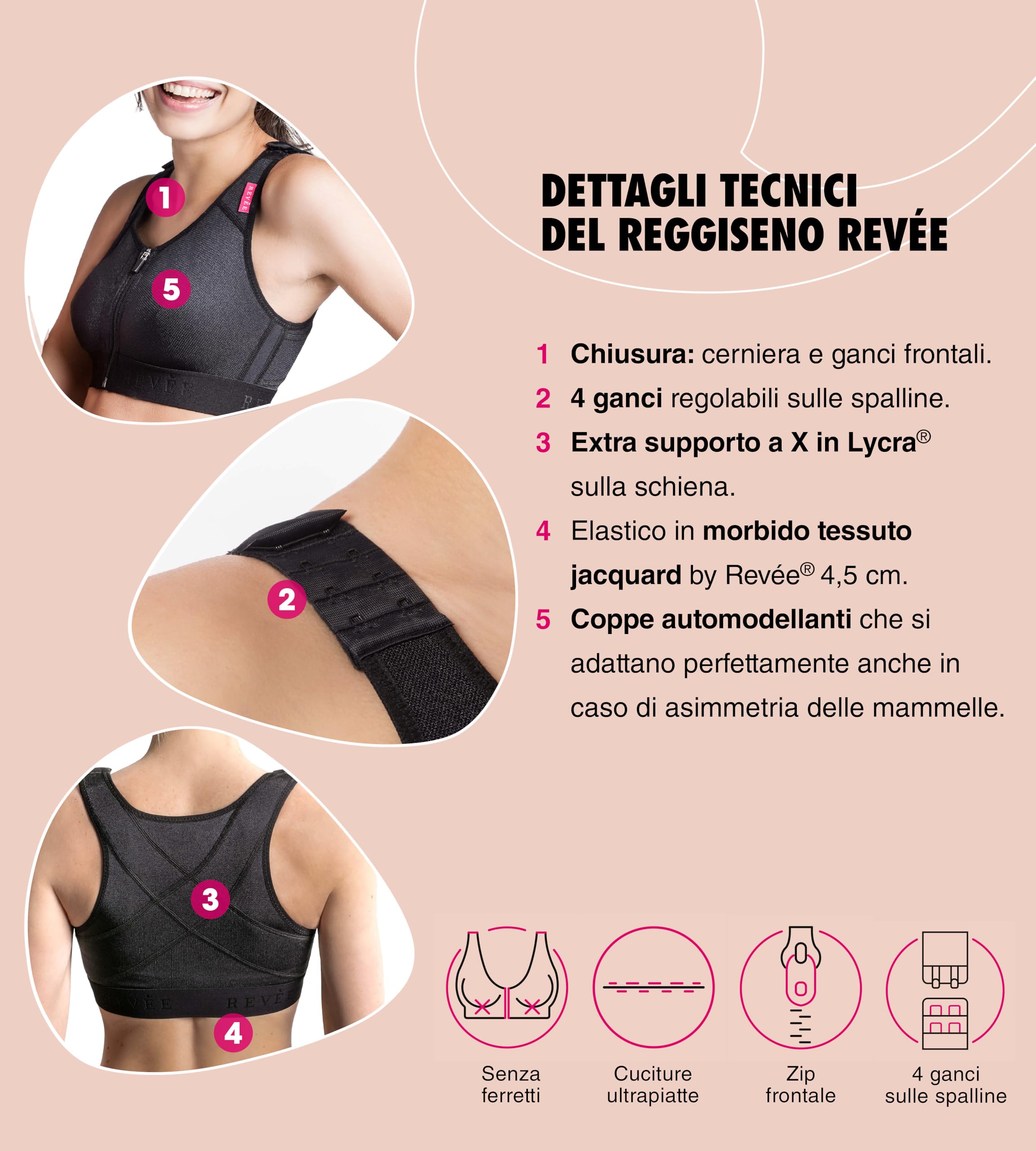 REVÉE Reggiseno Post-Operatorio - Reggiseno Donna per Mastoplastica Additiva, Riduttiva, Sostituzione Protesi, Mastopessi, Oncoplastica, Quadrantectomia - Reggiseno Gravidanza - Bra Elodie