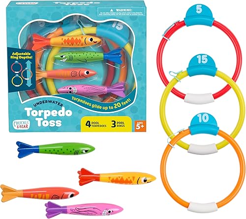 Chuckle & Roar - Lanzamiento de torpedos submarinos - Juego acuático al aire libre - Incluye torpedos de lanzamiento y anillos objetivo - Diversión