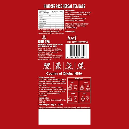 Miniatura 9 de BLUE TEA - Té de rosa de hibisco  18 bolsas de té  Té calmante  Sin cafeína  Té de hierbas  Sin gluten  Sin OMG  Embalaje de lata ecológico