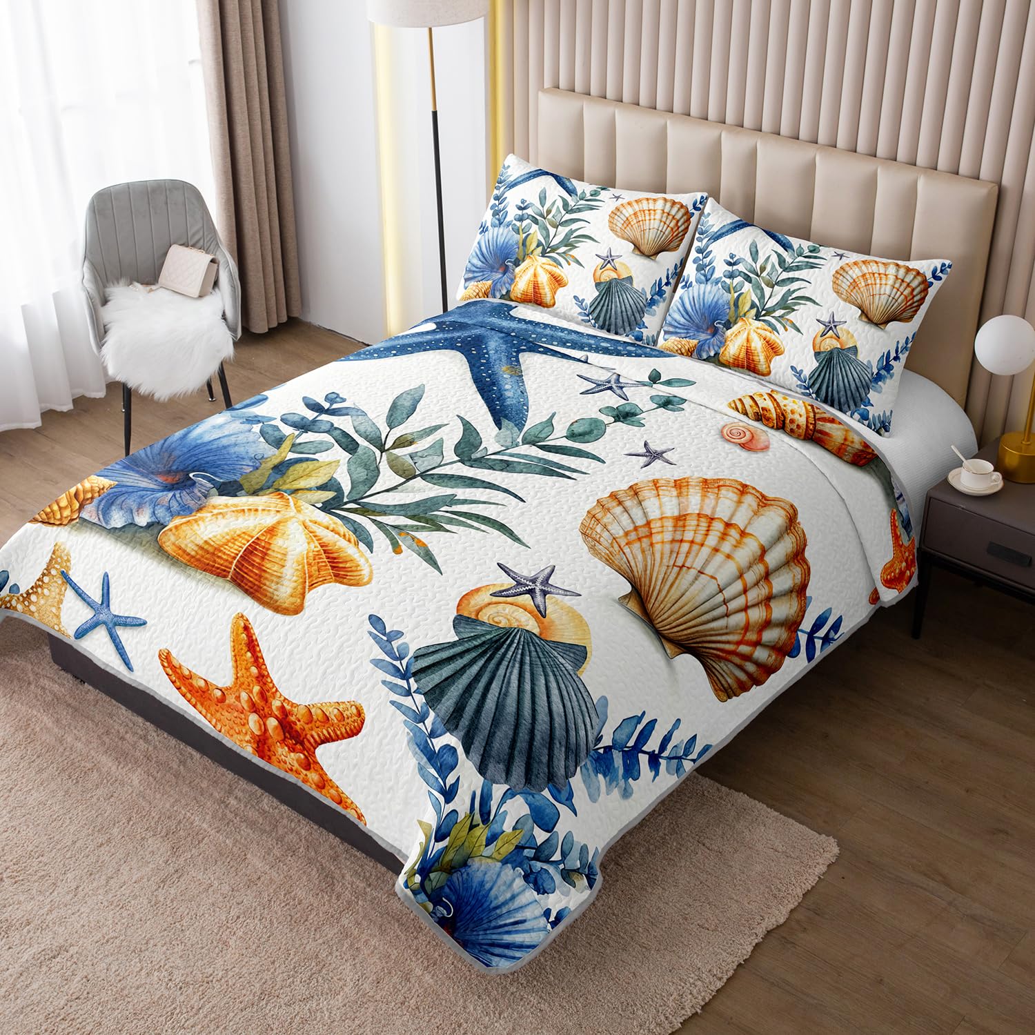 UEVBF Summer Beach Quilted Set Starfish Seashell Conch Bedding Sets Full Size,Ocean Beach Themed Quilt for Kids Girls Boys Room Decor,Lightweight Coastal Quilts with 2 Pillowcases.