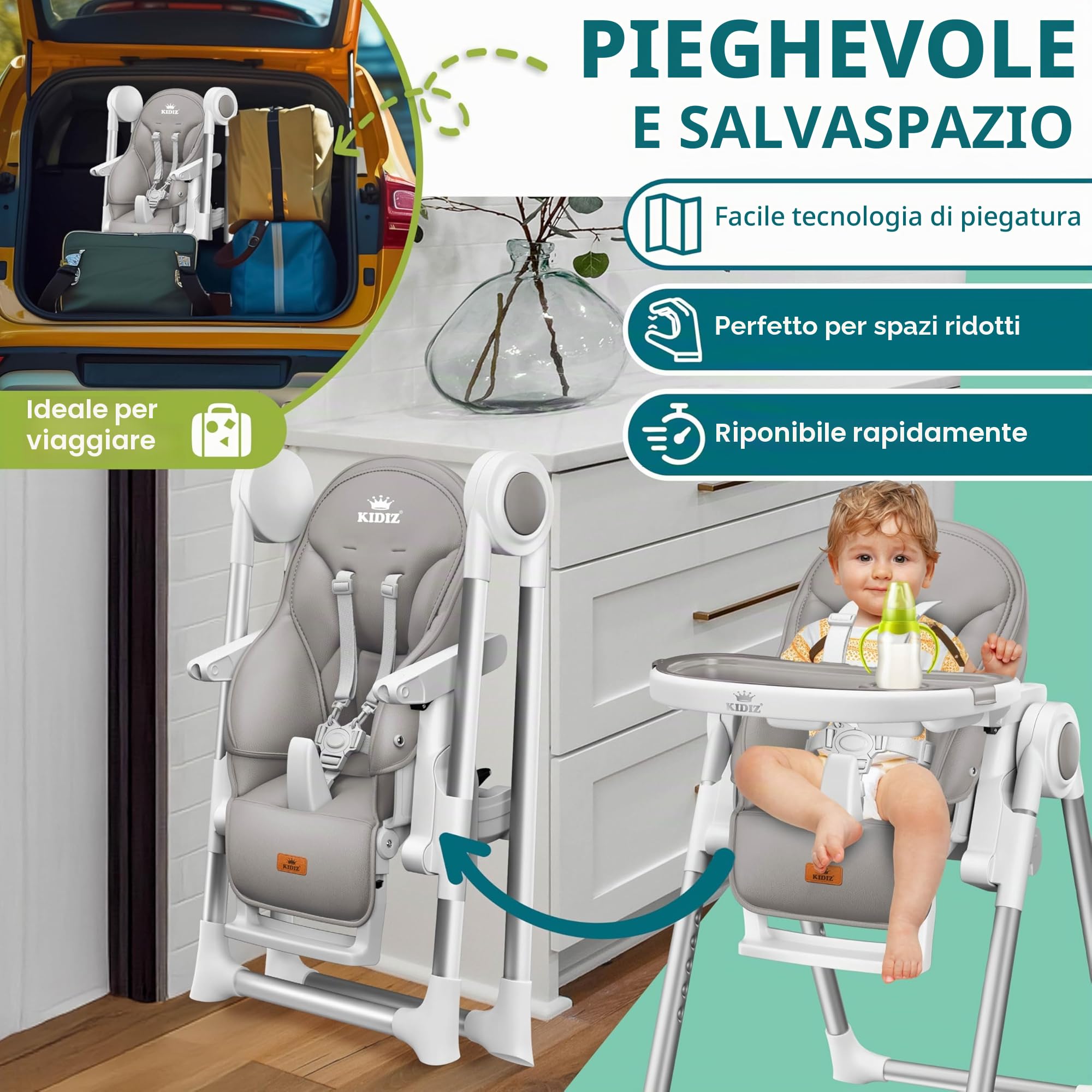 KIDIZ® 3 in 1 Seggiolone Seggiolone per bambini con barra dei giochi, Lettino per bambini, Seggiolone combinato Seggiolone per bambini, Schienale regolabile in 7 diverse altezze, grigio chiaro