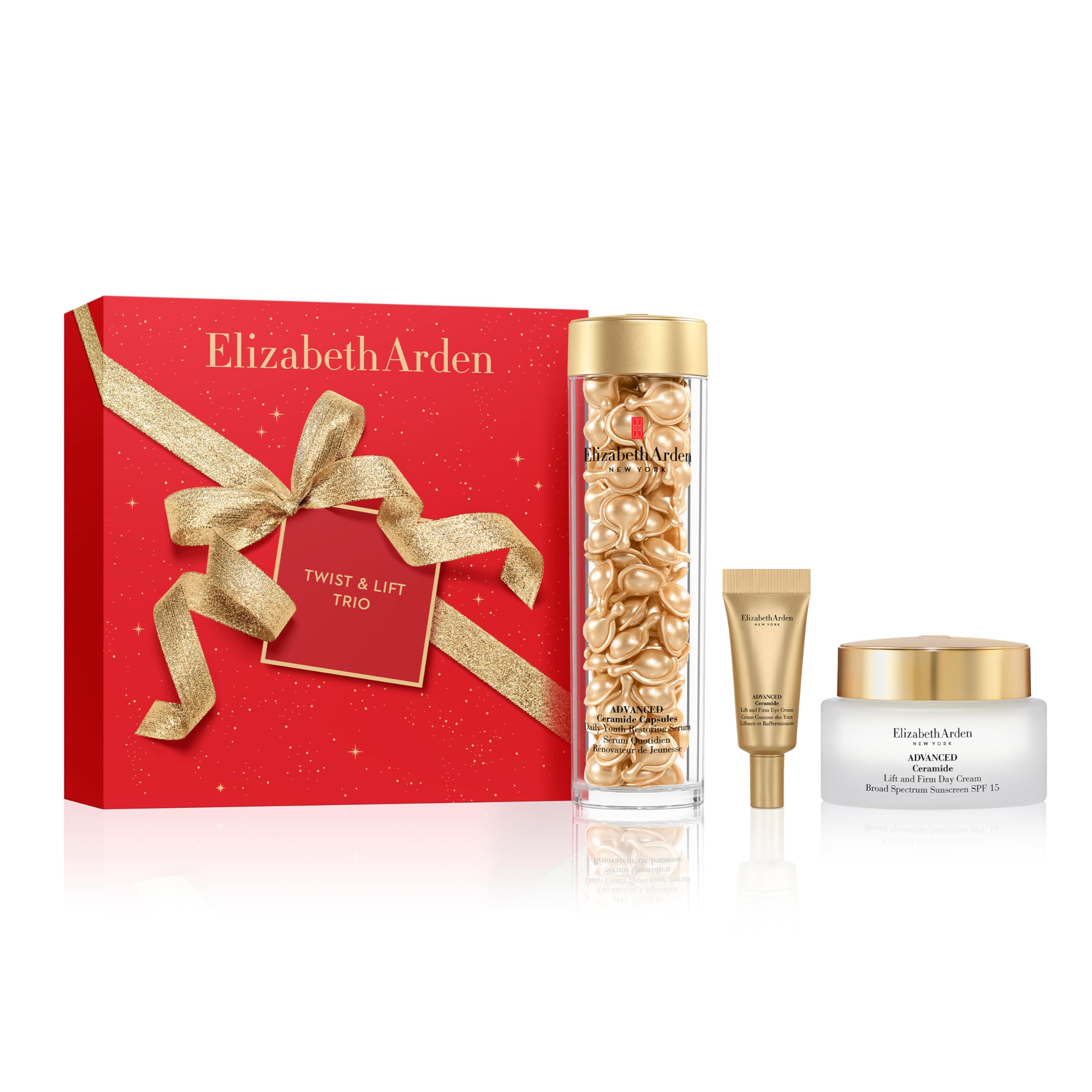 Elizabeth Arden Cofanetto 3 pezzi nutriente e anti-invecchiamento, avanzato ceramide 90 capsule siero giornaliero rinnovatore giovanile, crema giorno SPF 15 ascensore e rassodante, contorno occhi