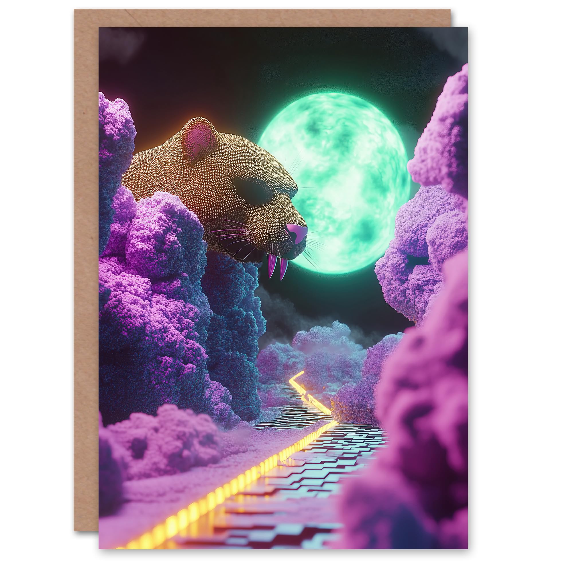 Artery8 Greeting Card Sci Fi Fantasy Landscape Large Rat Neon Moon Blank For Him Or Her Art Birthday Card