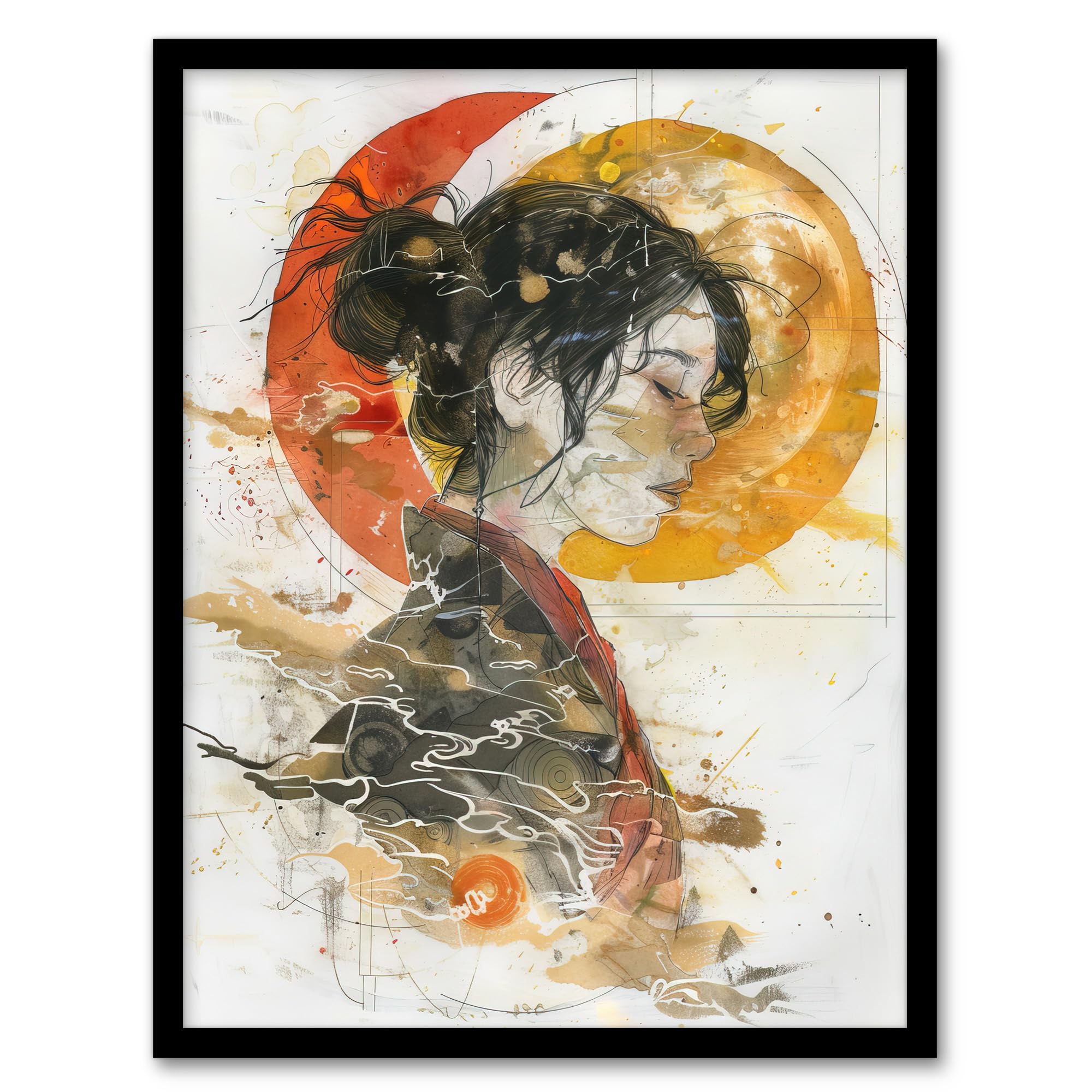Artery8 Otaku Female Samurai Watercolour Portrait Living Room Artwork Framed Wall Art Print A4