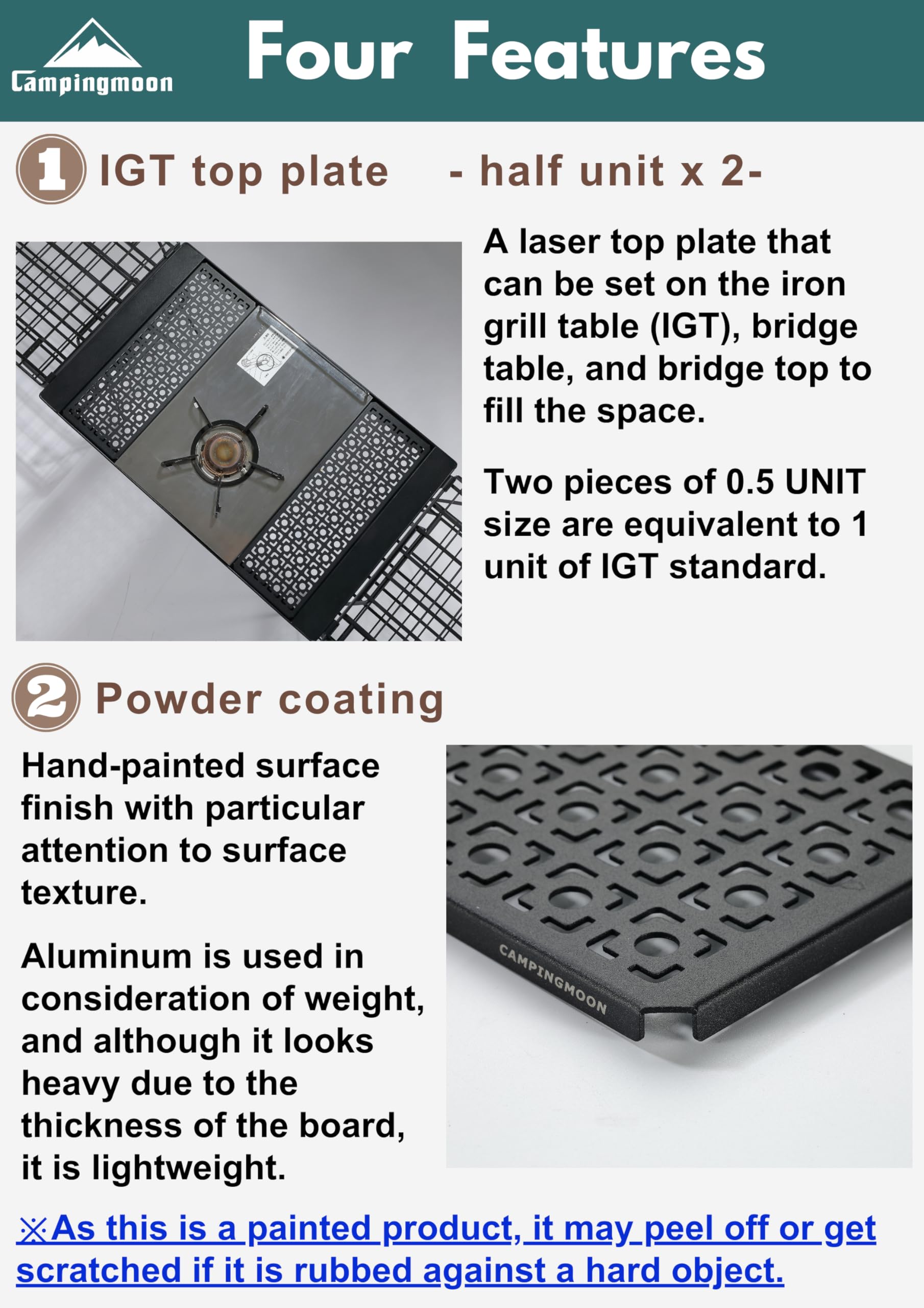 camping moon IGT Top Board Bridge Table Laser Top Board Half 2pcs Black CK-12F-2P