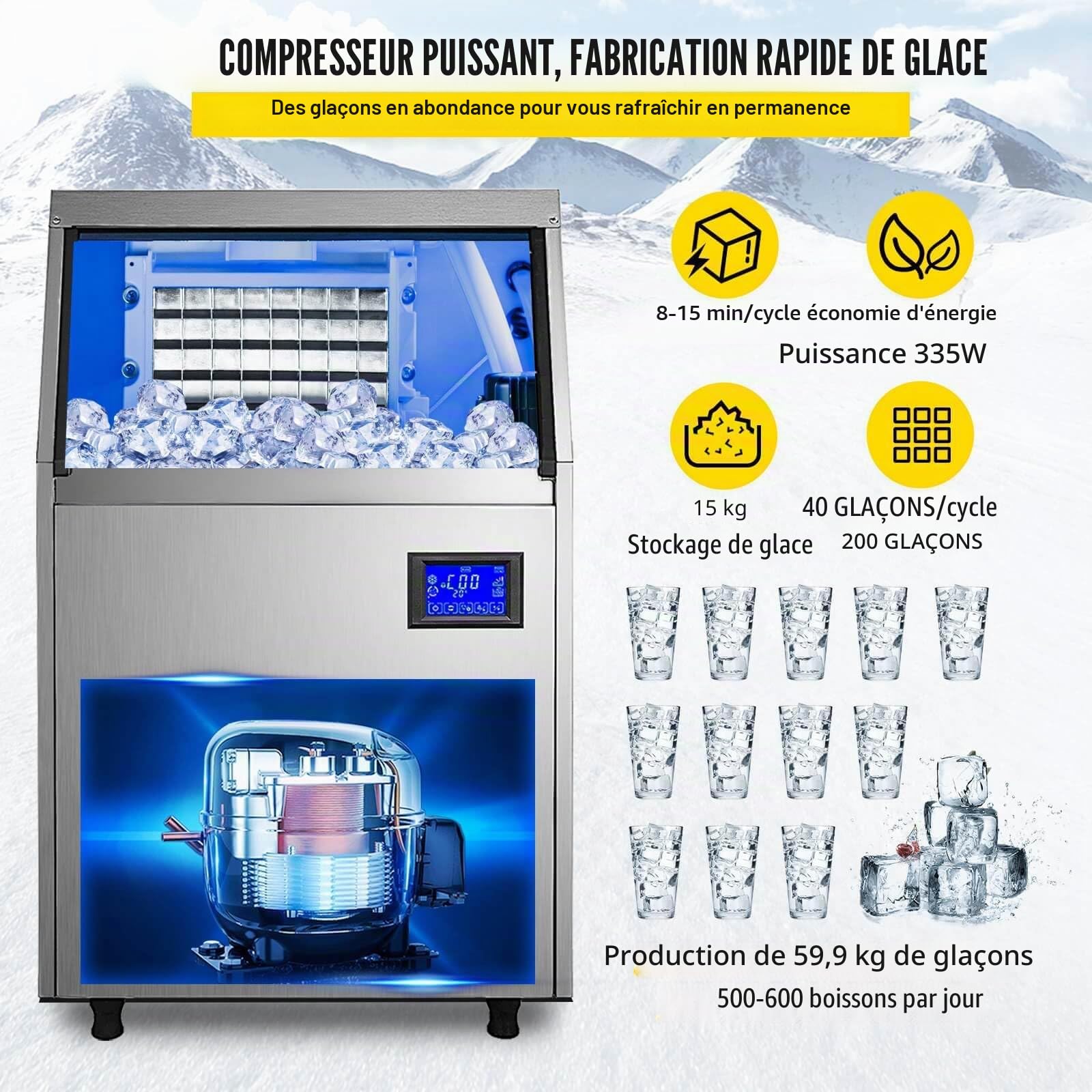 Machine à Glaçons Commerciale 1030W 200kg/24h Glace Machine Professionnel 160 Glaçons en 8-15 Minutes Écran LCD Storage de 59kg pour Maison Bureau Restaurant Bar Café (200Kg/24H)