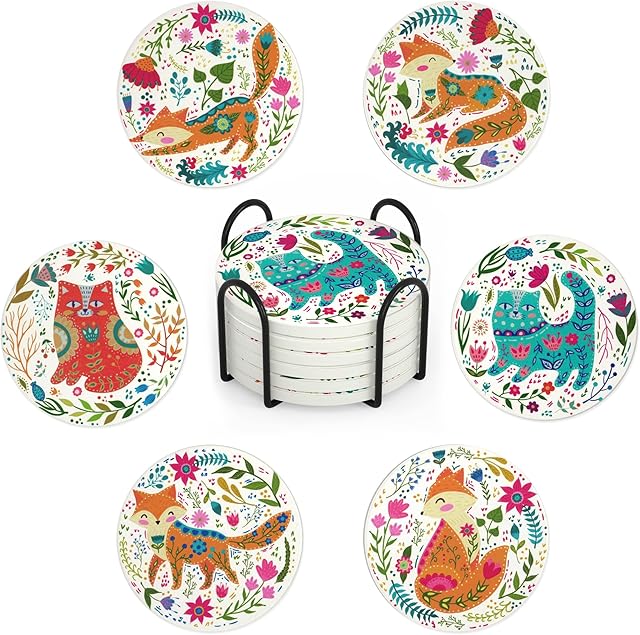 STARUBY Set of 6 Coasters Cute and Colorful Animal Pattern Glass Coaster,Absorbent Ceramic Beverage Coaster Set with Cork Base Suitable for Dining Table,Bar,Coffee Bar Decoration,As a Gift (10CM)