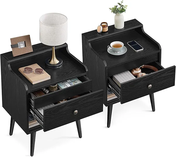 VASAGLE Nightstands, Set of 2, Bedside Tables with Hidden Drawers, Mid-Century End Side Tables with Solid Wood Legs, for Bedroom, Ebony Black ULET624B01 Mid-Century 19.7"W x 27.4"H 2 Pack Eb